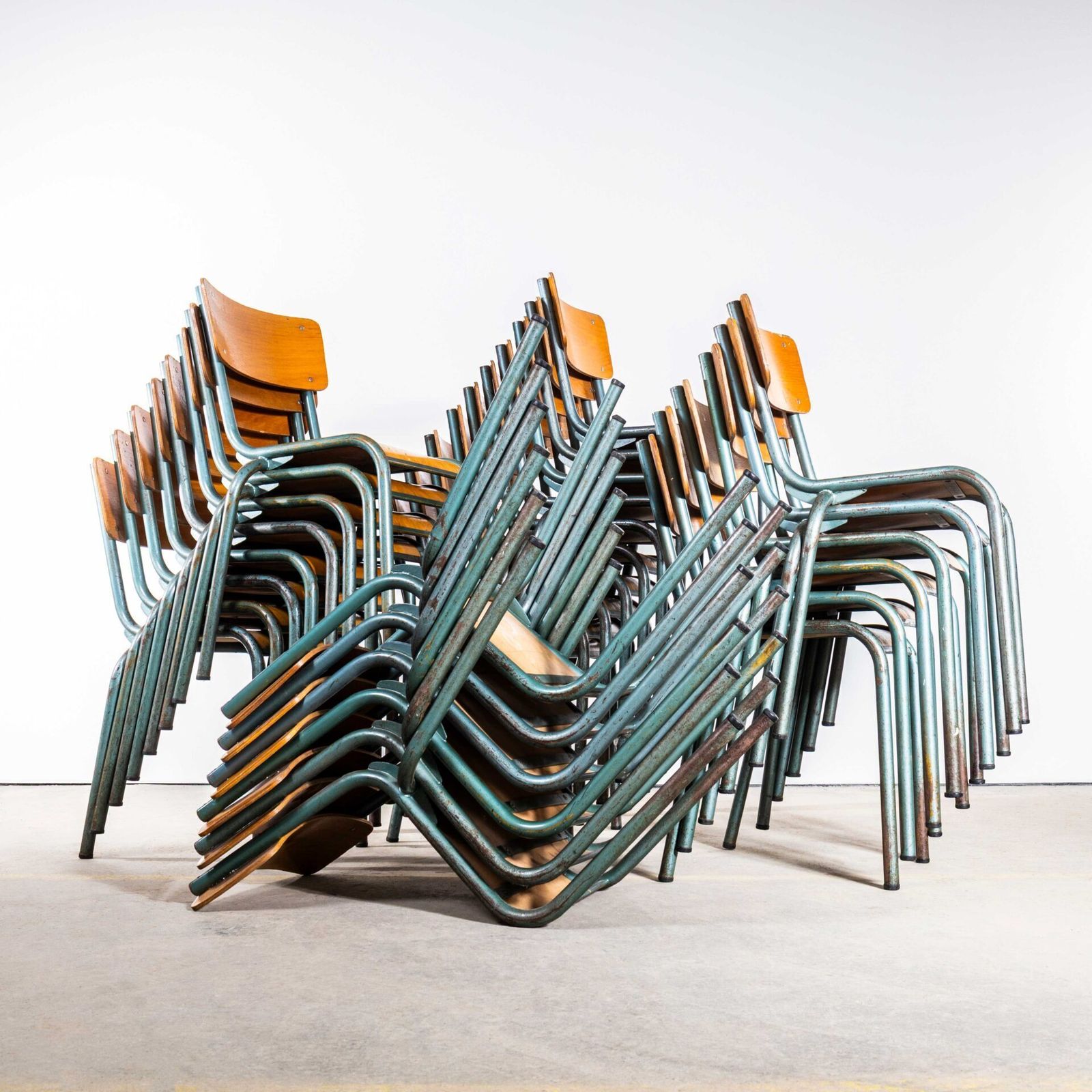 1950’s French 510 Mullca Aqua Stacking Dining Chairs