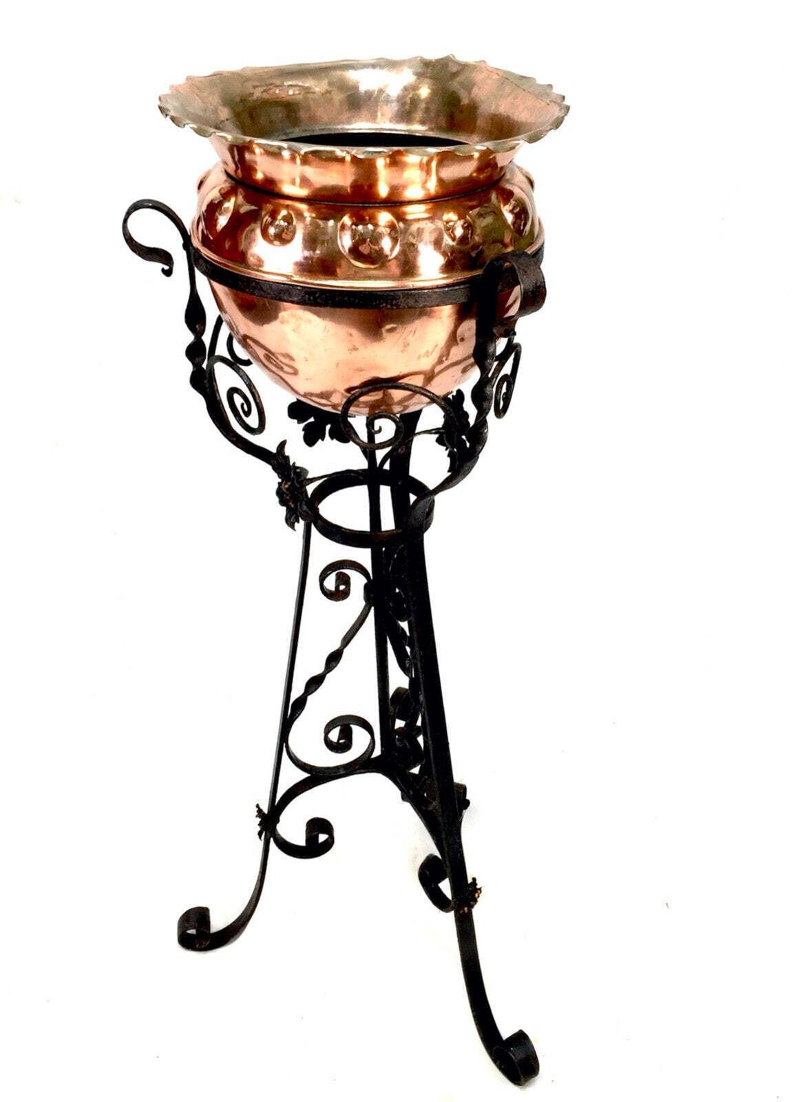Antique Art Nouveau Copper Plant Pot / Jardiniere On Wrought Iron Stand C.1900