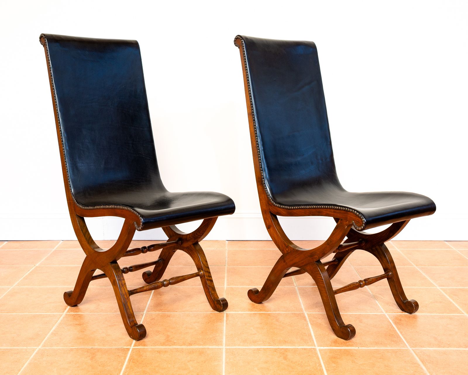 4 Spanish Oak Leather Dining Chairs By Pierre Lottier Valmazan Mid Century Neoclassical Colonial 1960s Black Leather Sling Seat Studded Leather photo buy