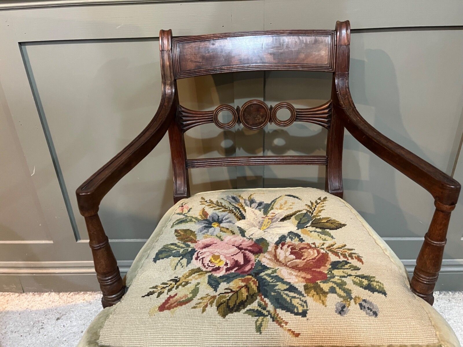 Furniture Antique Carver Chair Circa Late 1700’s Tapestry Upholstery Georgian Chair photo