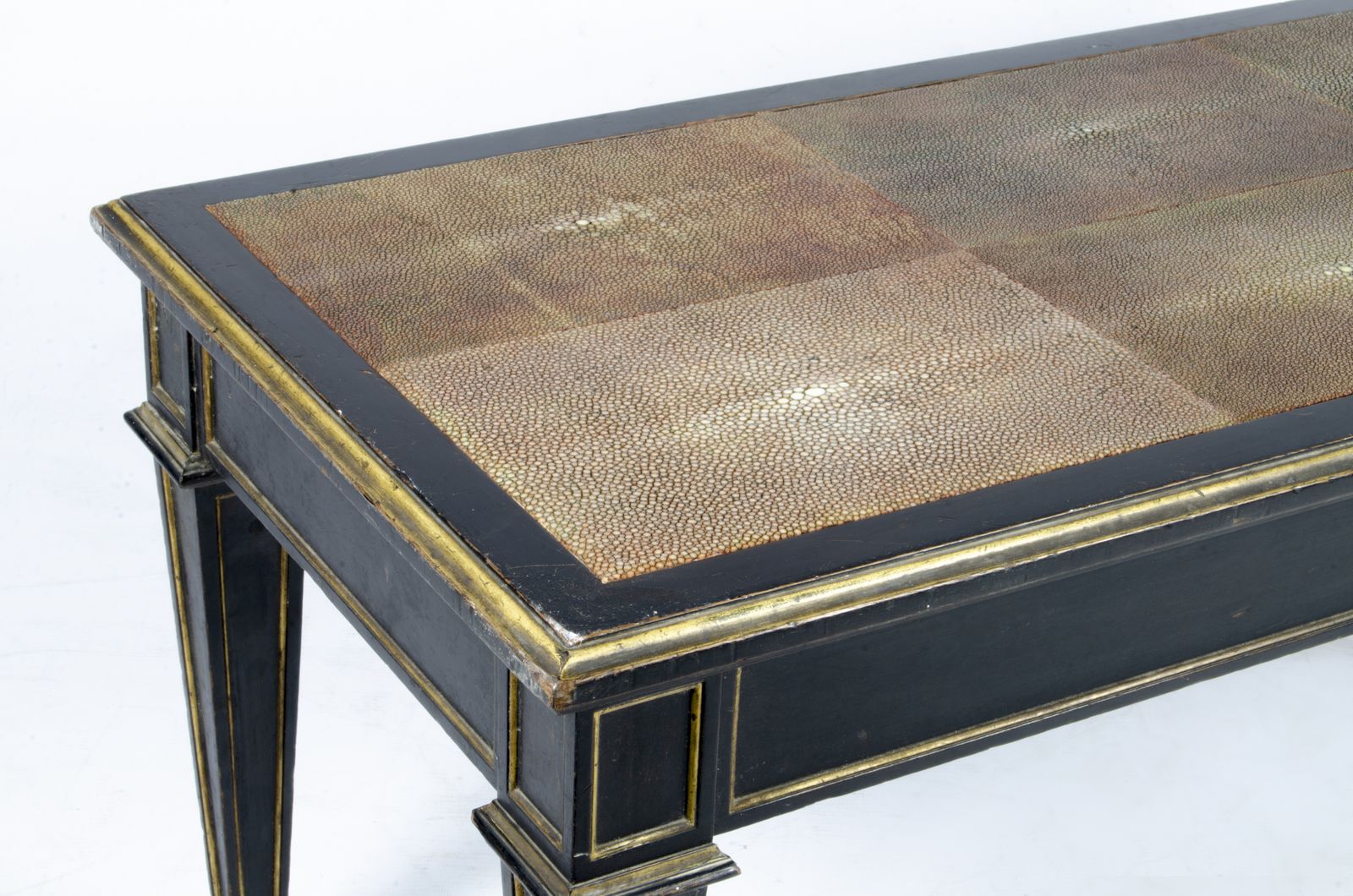 1930s Louis XVI Style Lacquered Wooden Low Coffee Table With Animal Skin Covered Top And Giltbronze Accents By Chanaux & Pelletier, France photo 18750.0