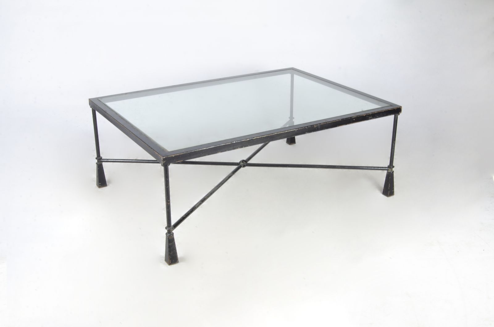 Early 20th Century French Expressionist Rectangular Iron Coffee Table With Glass Top In The Manner Of The Giacometti Brothers