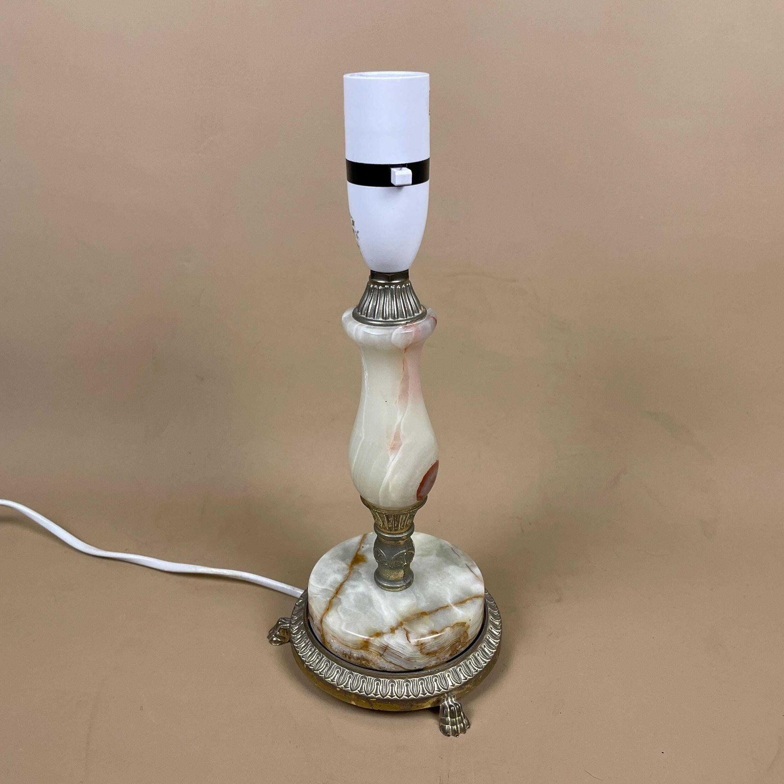 Antique Onyx Marble Lamp Light Bedside Brass Metal Gold Ornate Vintage Round Base With Feet Column Marbled Green Beige Natural Classic photo for sale