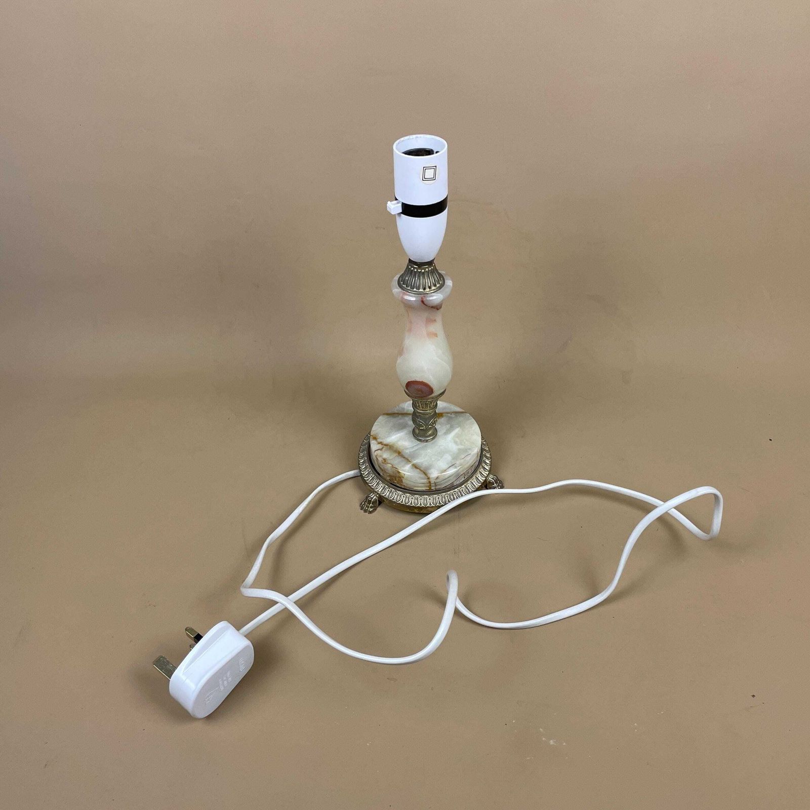 photo for sale Antique Onyx Marble Lamp Light Bedside Brass Metal Gold Ornate Vintage Round Base With Feet Column Marbled Green Beige Natural Classic