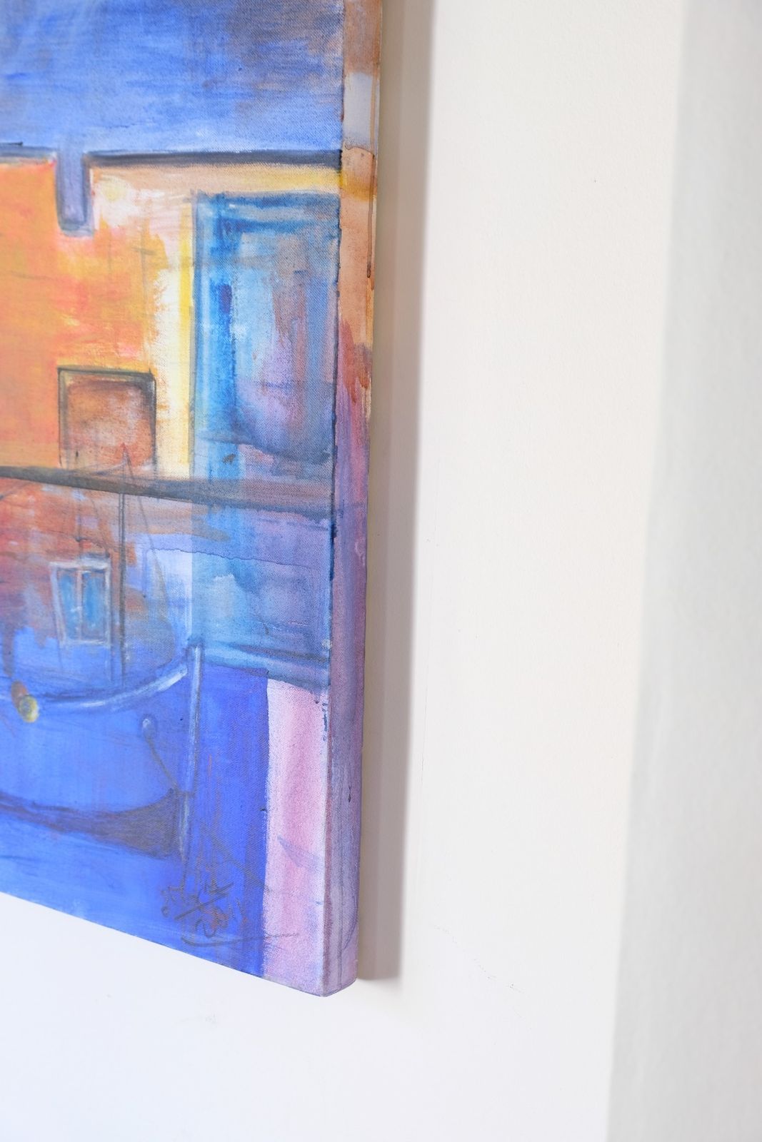 Oil On Canvas   Fishing Boats In The Shadows   A Colorful Burnt Orange & Blue Harbour Scene photo Art
