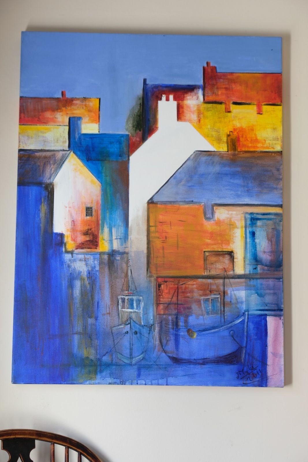 photo furniture Oil On Canvas   Fishing Boats In The Shadows   A Colorful Burnt Orange & Blue Harbour Scene