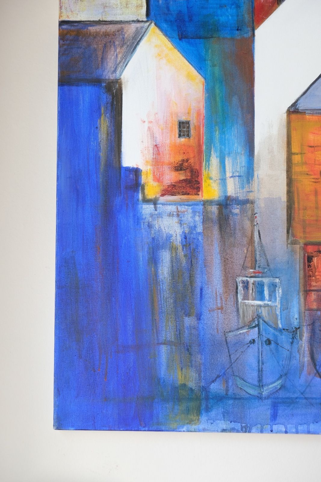 photo vintage Oil On Canvas   Fishing Boats In The Shadows   A Colorful Burnt Orange & Blue Harbour Scene
