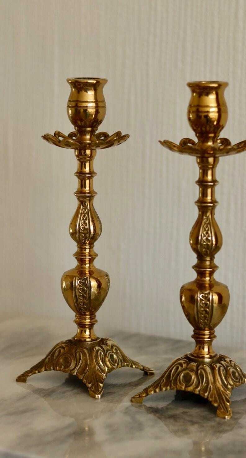 Pair Of Mid Century Swedish Brass Candle Holders photo for sale