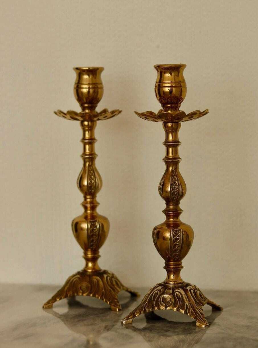 Pair Of Mid Century Swedish Brass Candle Holders photo buy