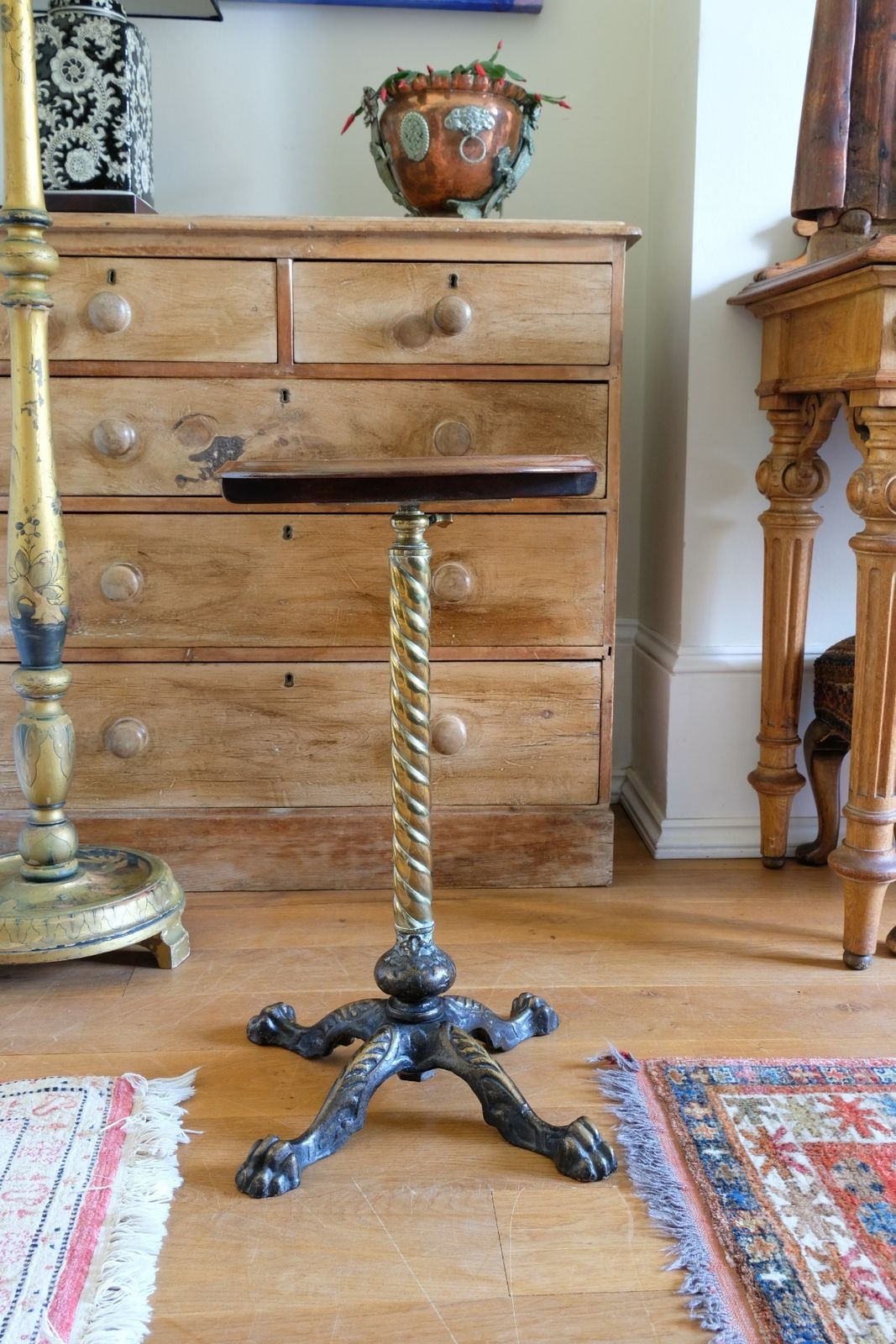 Antique Brass Telescopic Wine Table With Twisted Column And Lions Paw Feet photo vintage