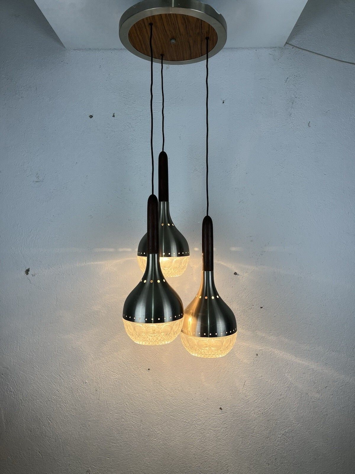 Chandelier Wood Aluminum Glass 60's Vintage Design