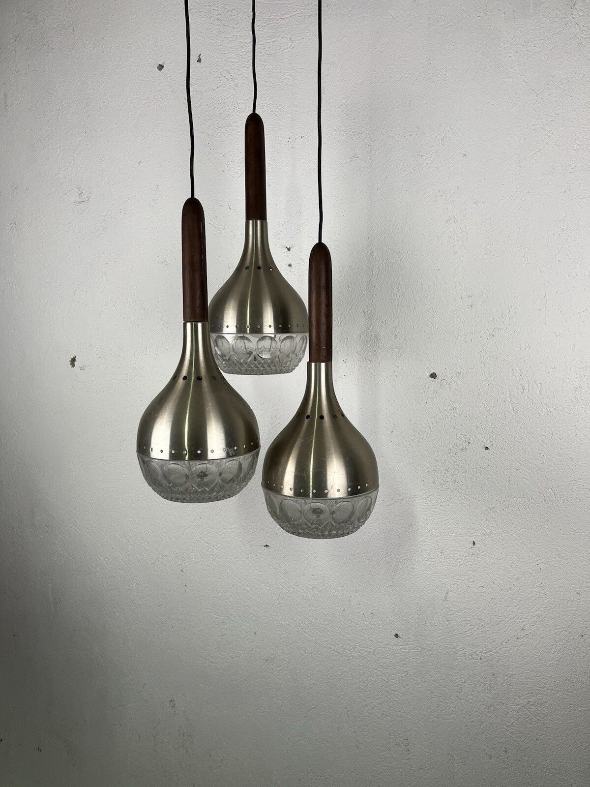 Chandelier Wood Aluminum Glass 60's Vintage Design photo vintage