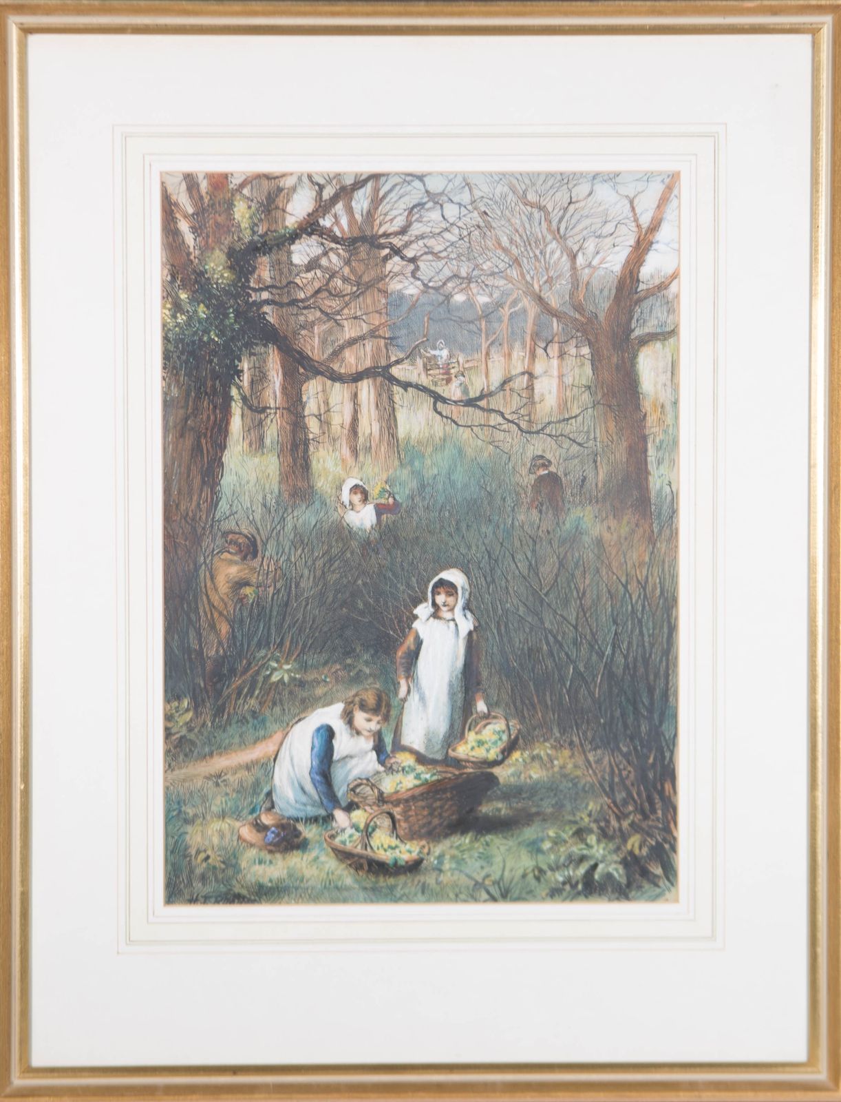 Mid 19th Century Watercolour   Gathering Wintercress Flowers