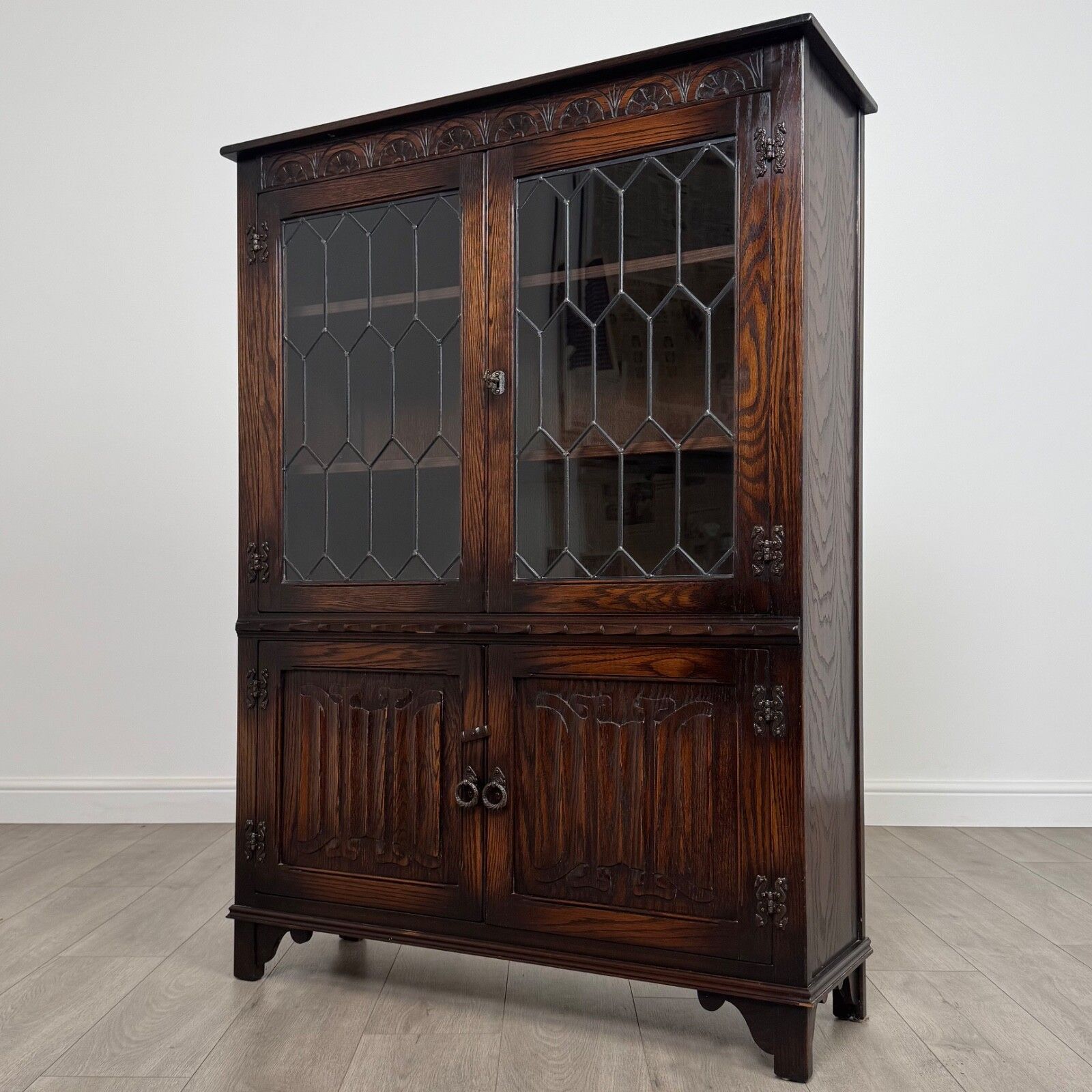 Antique 20th Century Linenfold Display Cabinet In Oak photo Furniture