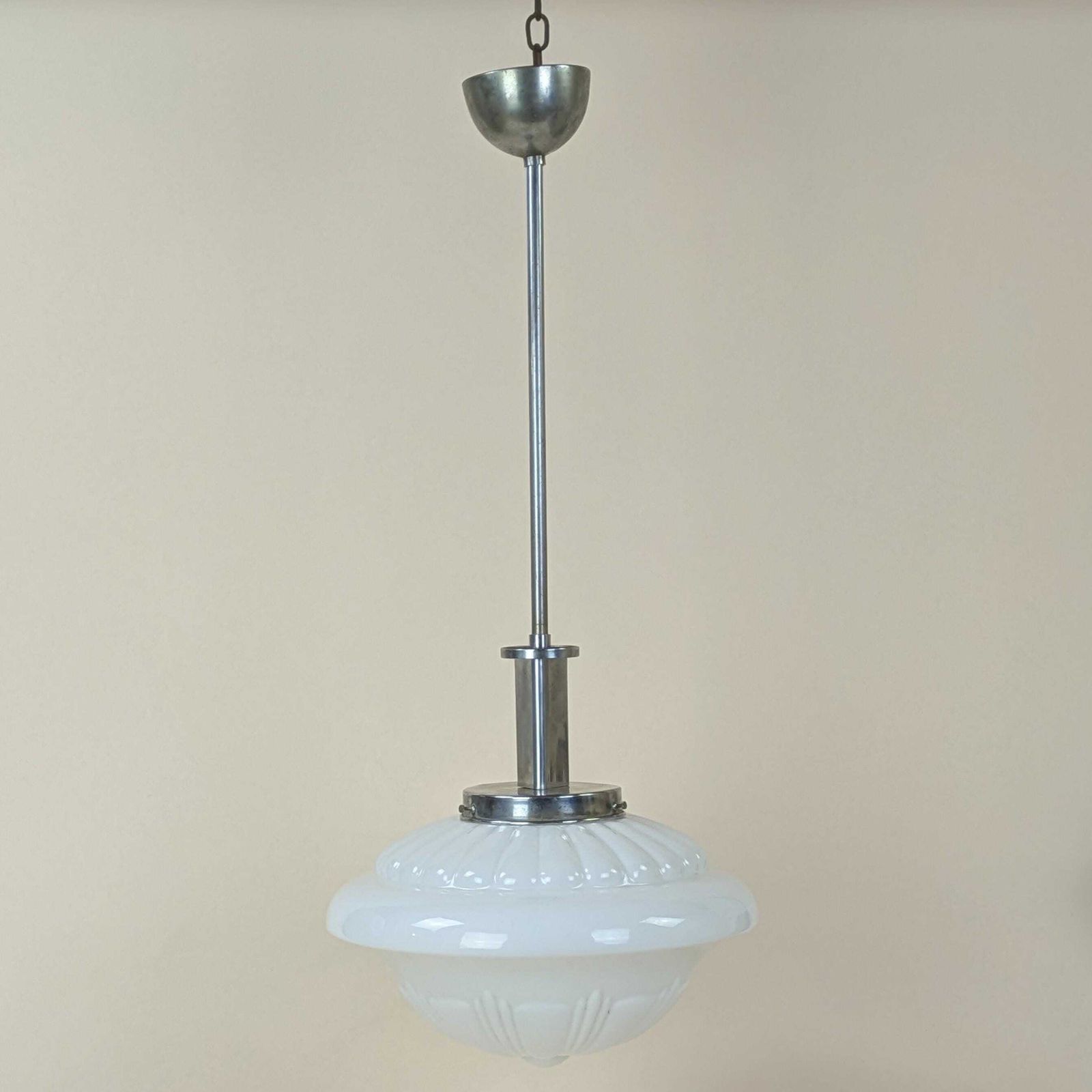 Art Deco French Pendant Light Opaline Glass Shade 1930s Vintage Streamlined Design Ceiling Fixture Home Decor
