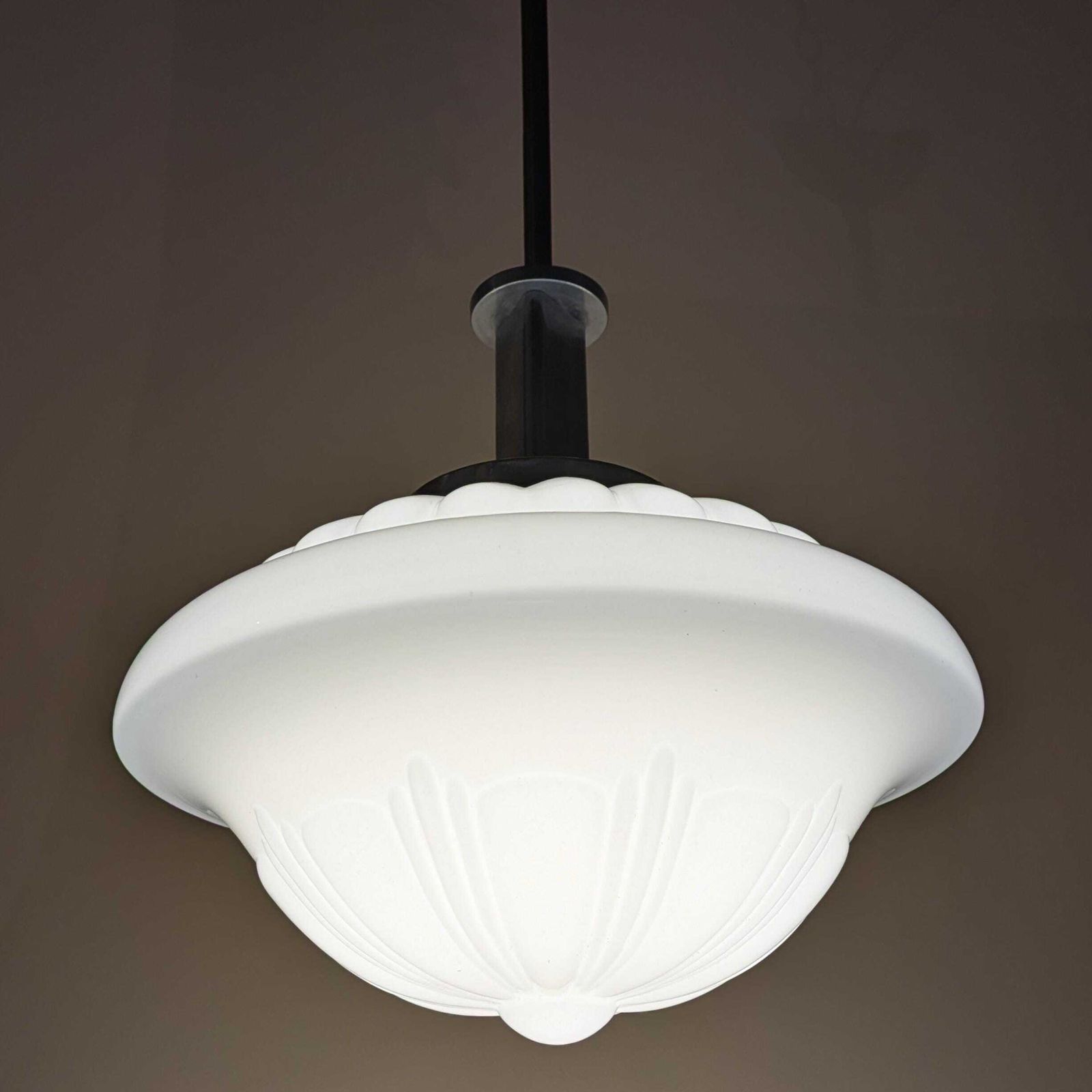 Art Deco French Pendant Light Opaline Glass Shade 1930s Vintage Streamlined Design Ceiling Fixture Home Decor photo Lighting