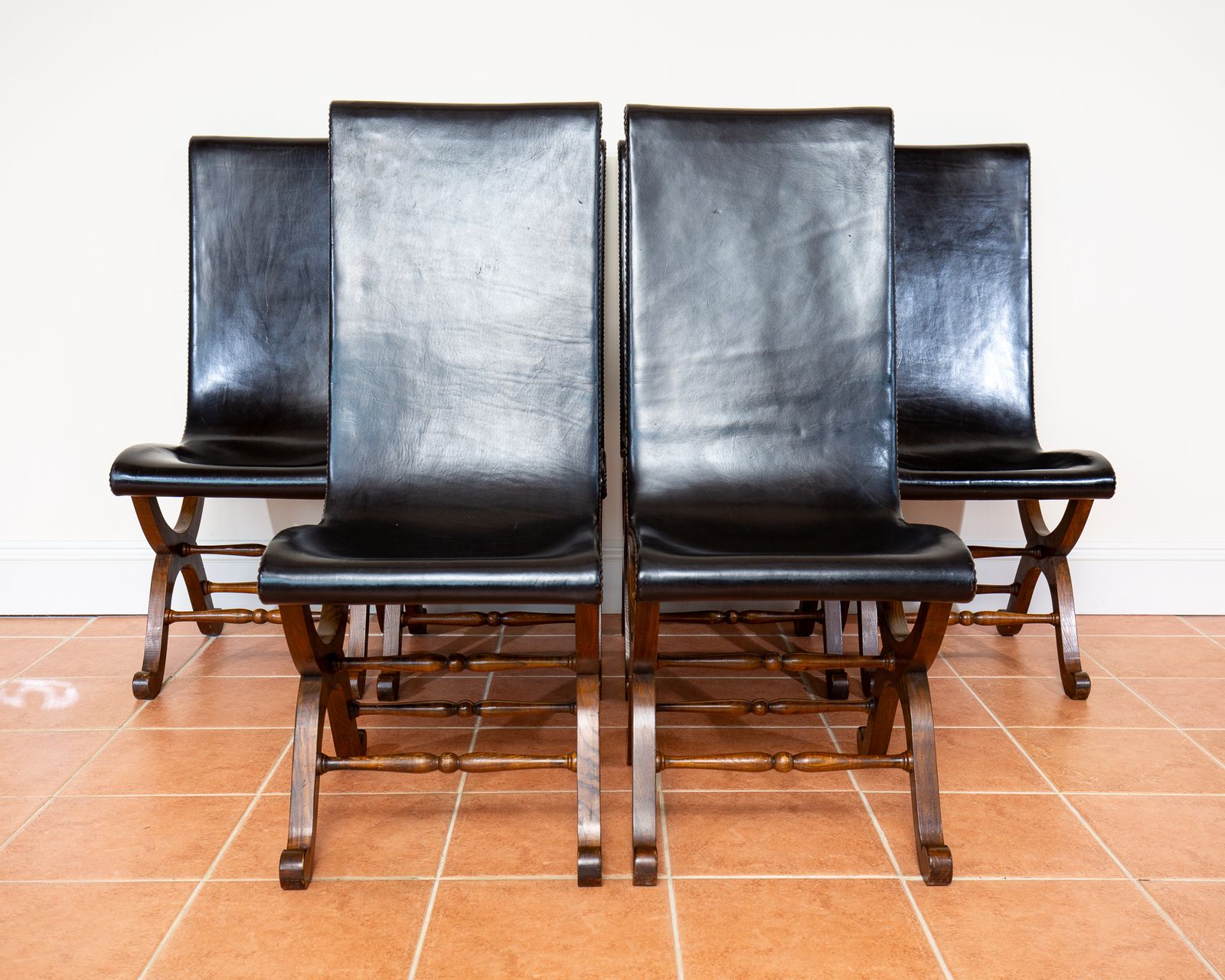 photo for sale 6 Spanish Oak Leather Dining Chairs By Pierre Lottier Valmazan Mid Century Neoclassical Colonial 1960s Black Leather Sling Seat Studded Leather