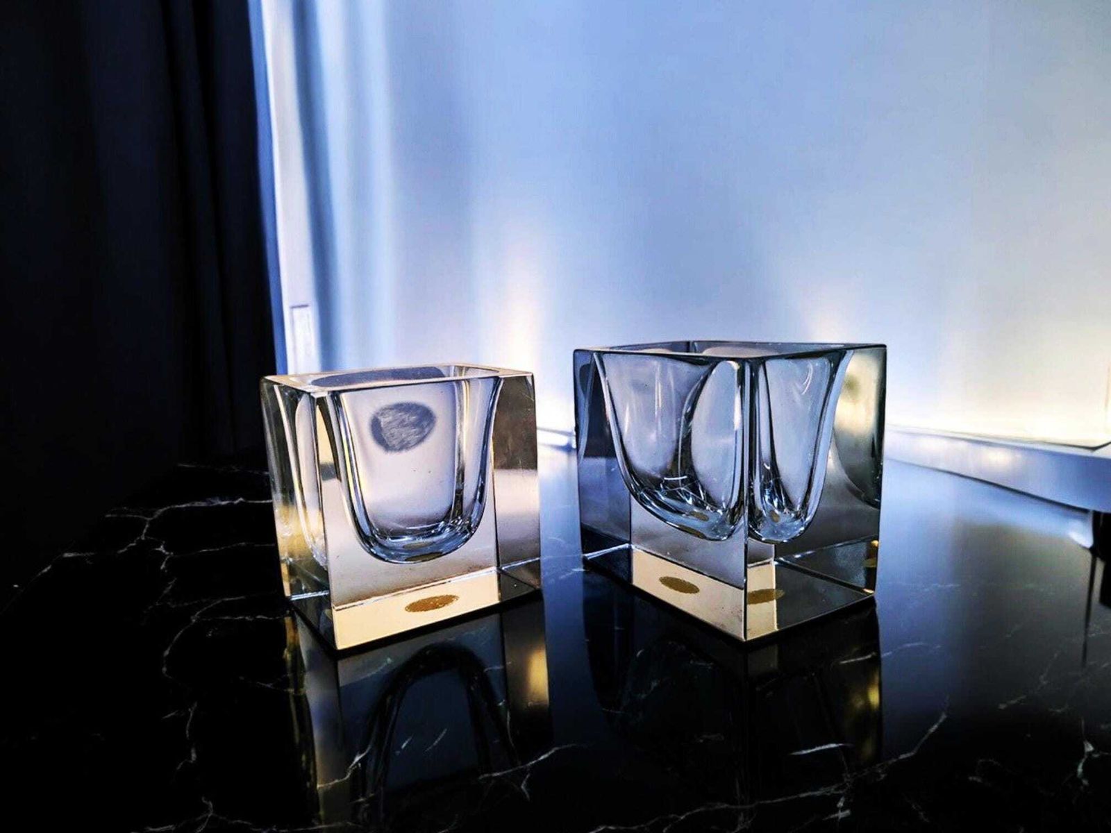 1960s Set Of 2 Rectangular Transparent Ashtray Or Catch All In Murano Glass By Flavio Poli For Seguso. Made In Italy.