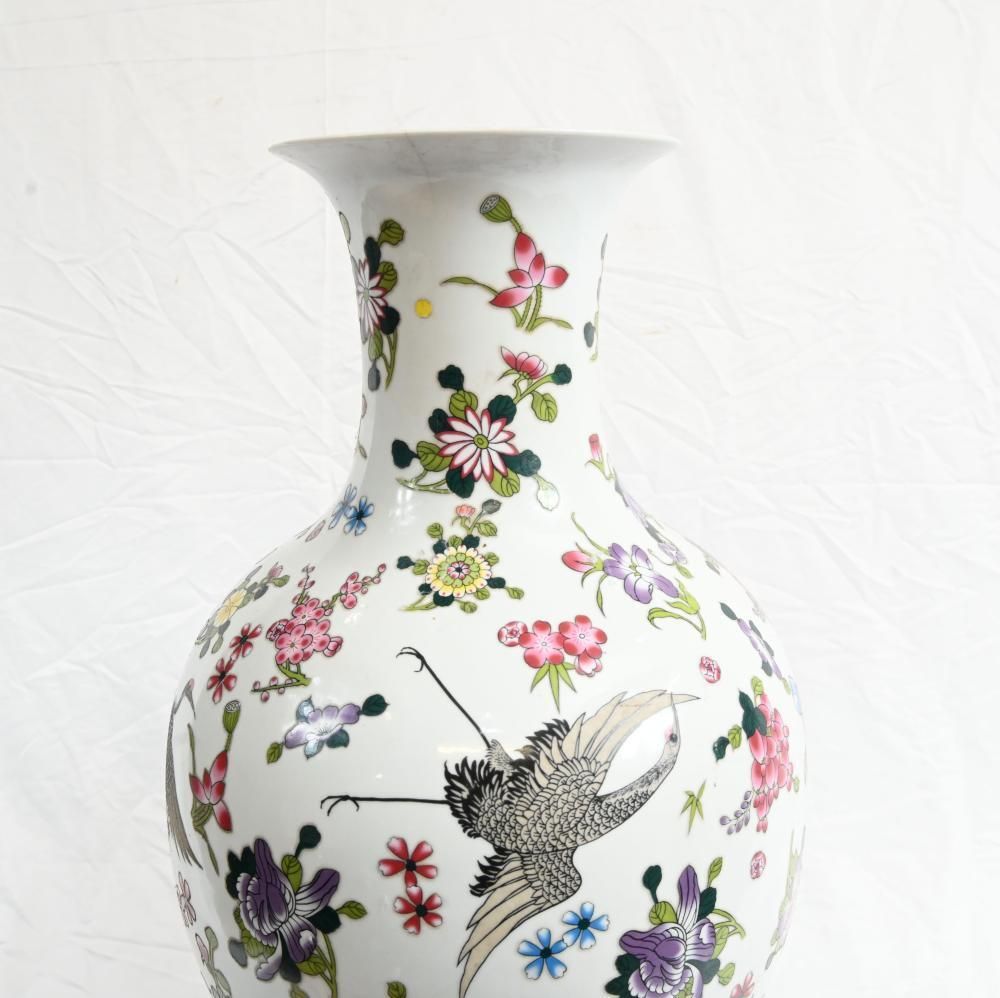 Chinese Qianlong Porcelain Vase Floral Crane Ceramic Urn photo furniture