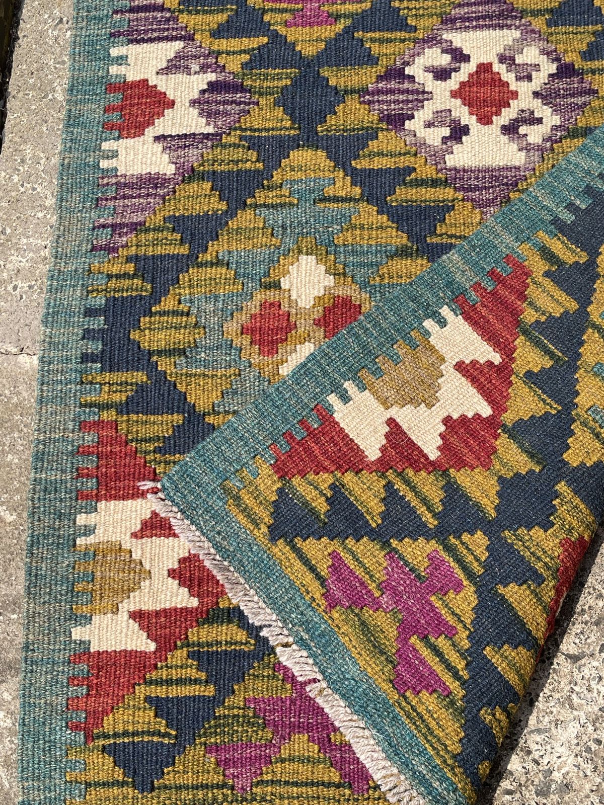 Maimana Kilim Runner Rug, Green Ground, 198x66cm. photo 280.0
