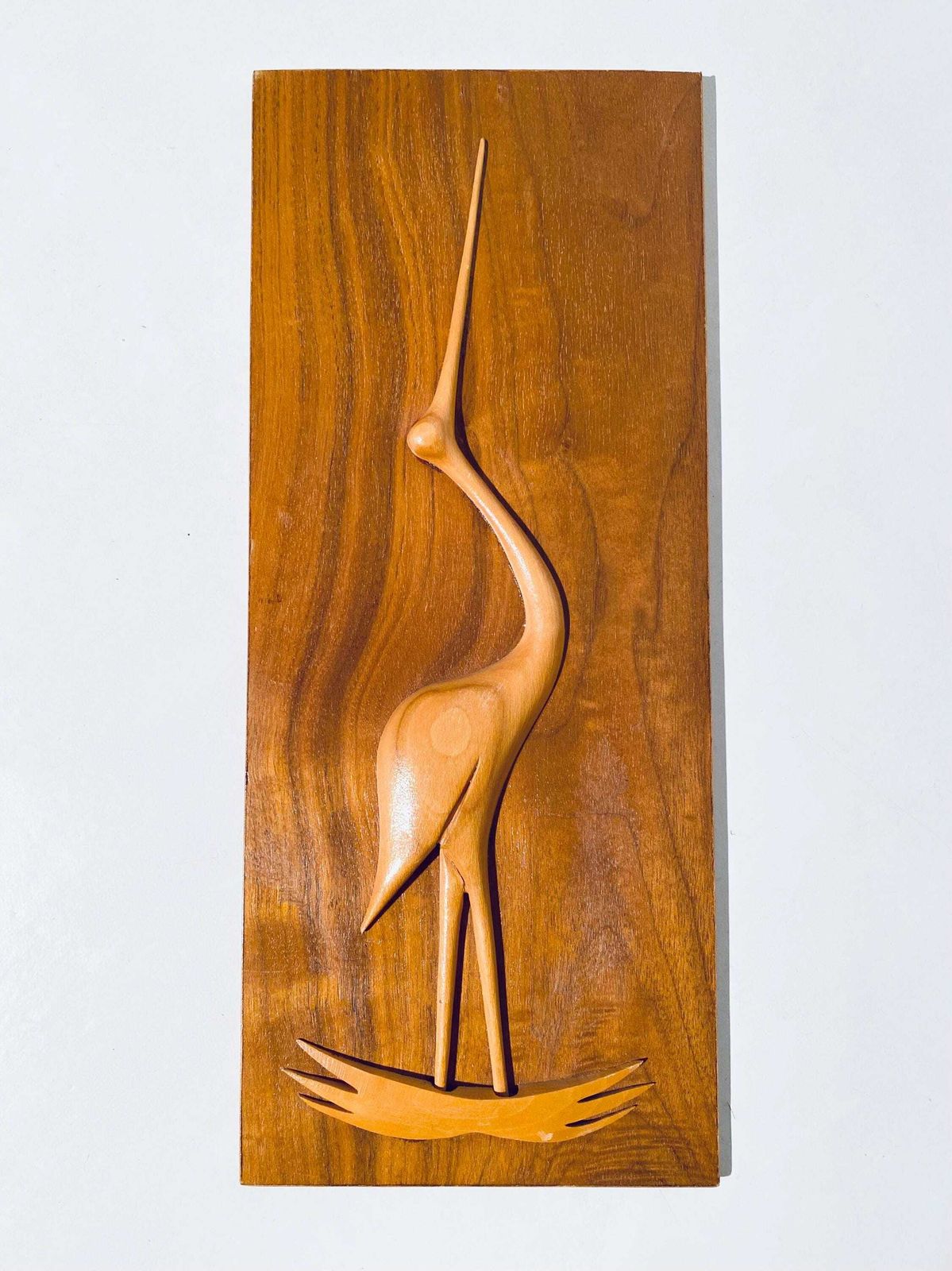 Mid Century Teak Crane Bird Motif Wood Picture / Vintage 50s 60s Wall Decor photo furniture