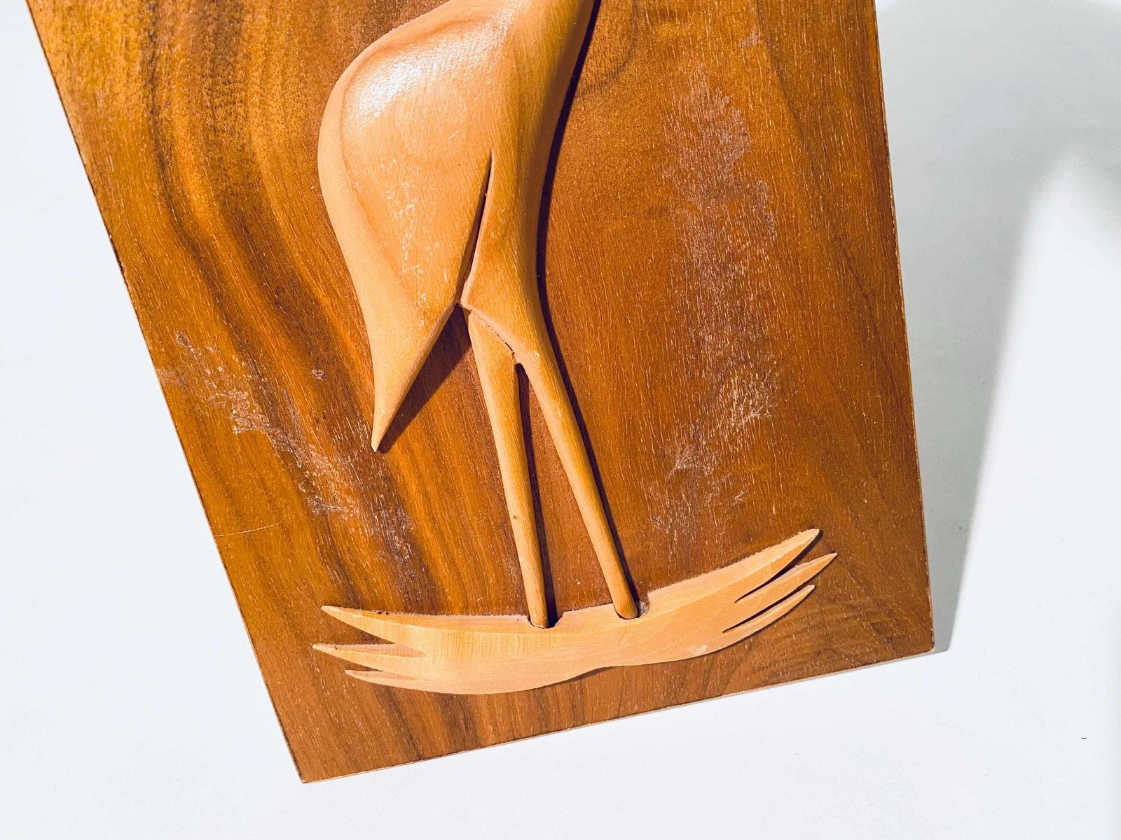 Mid Century Teak Crane Bird Motif Wood Picture / Vintage 50s 60s Wall Decor photo vintage