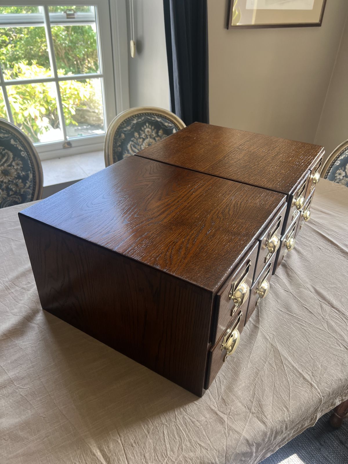 Antique Oak Library Index Card Drawers With Brass Handles Two Sets Of 4 photo for sale