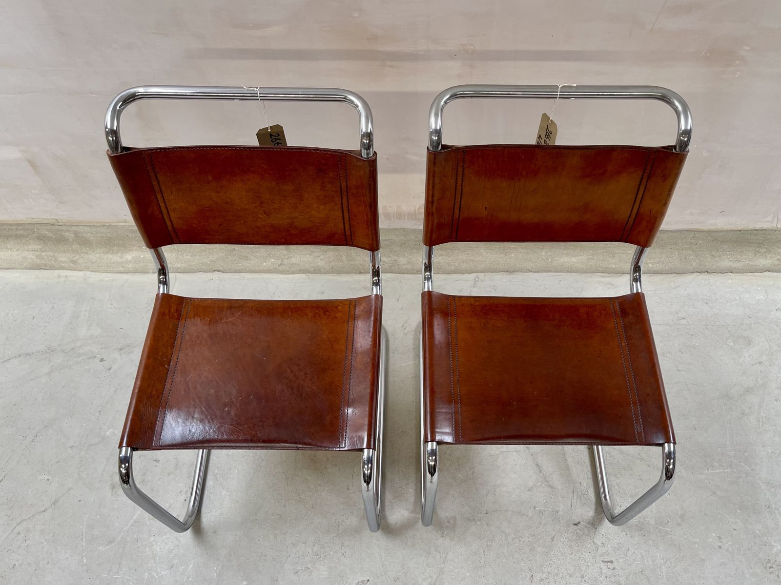 Pair Dining Or Desk Chairs Mart Stam Marcel Breuer S33 Set Of Two 2 Fasem Chrome Tan Cognac Brown Leather Cantilever Bauhaus photo 1695.0