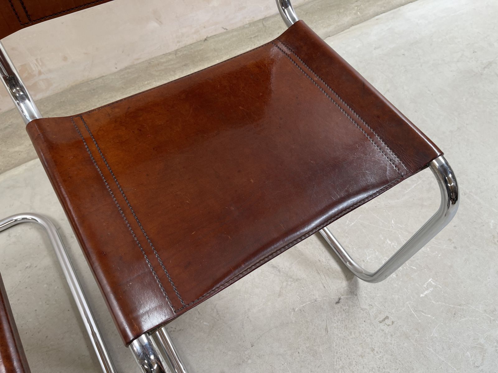 1695.0 Pair Dining Or Desk Chairs Mart Stam Marcel Breuer S33 Set Of Two 2 Fasem Chrome Tan Cognac Brown Leather Cantilever Bauhaus photo