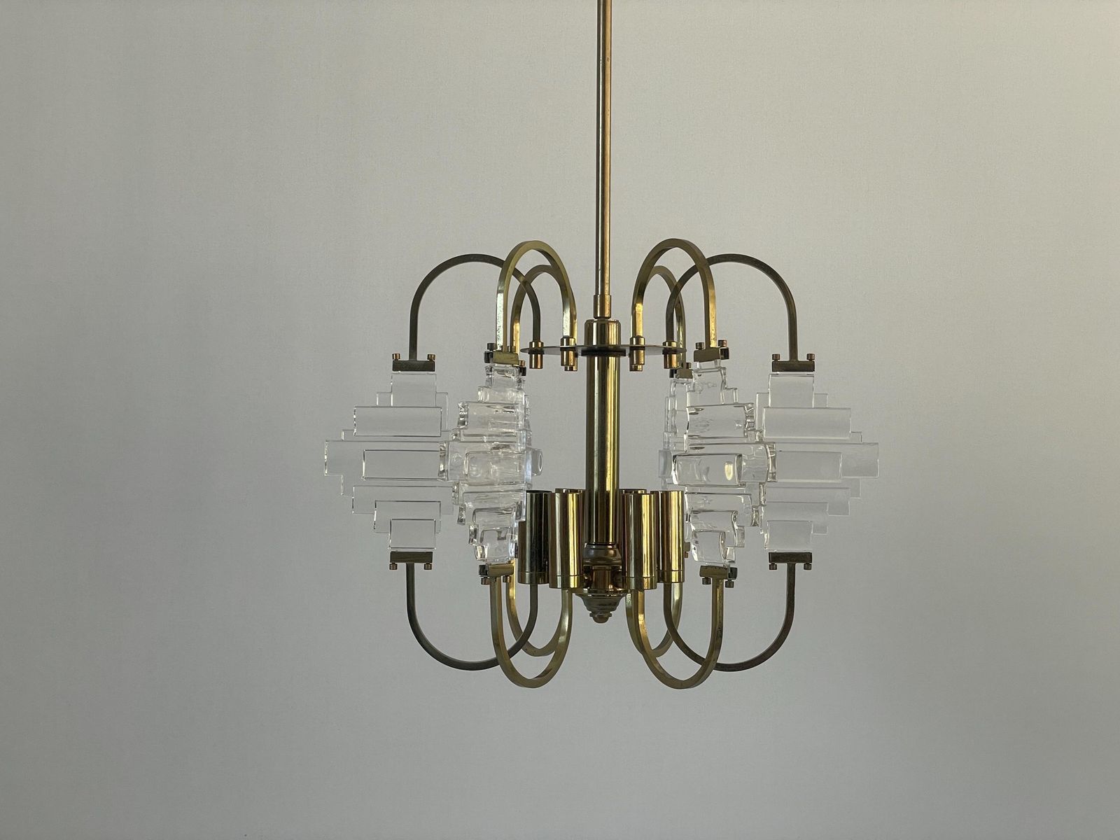 Brass And Crystal Glass Ceiling Lamp, 1960s, Italy