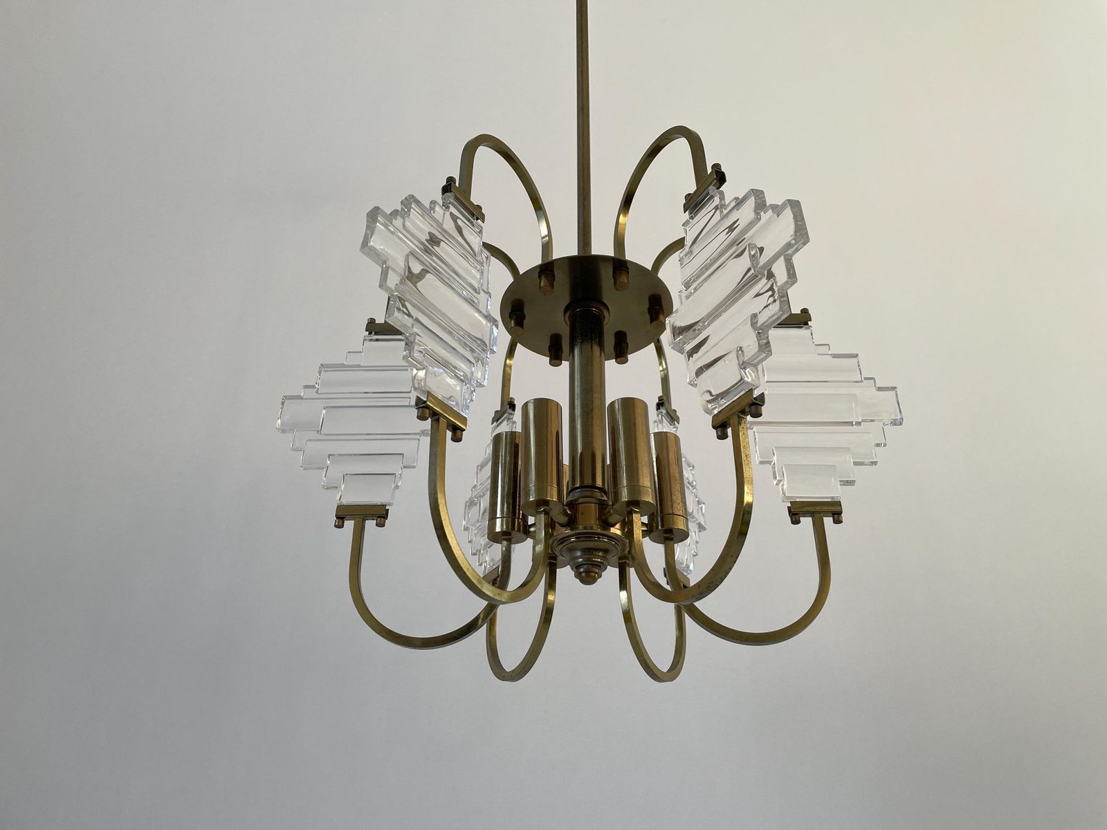 Brass And Crystal Glass Ceiling Lamp, 1960s, Italy photo vintage