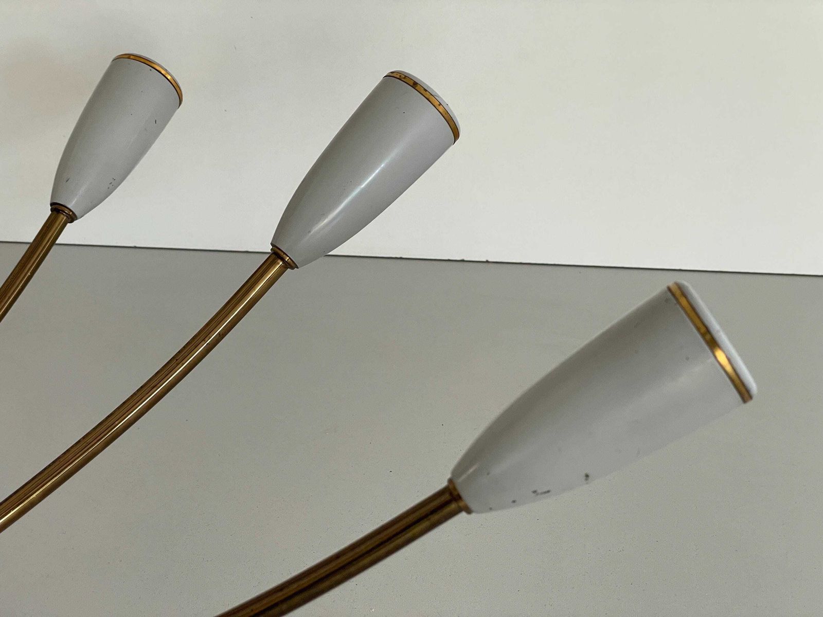 photo for sale Mid Century Gray Metal And Brass Body 12 Armed Sputnik Ceiling Lamp, 1950s, Germany