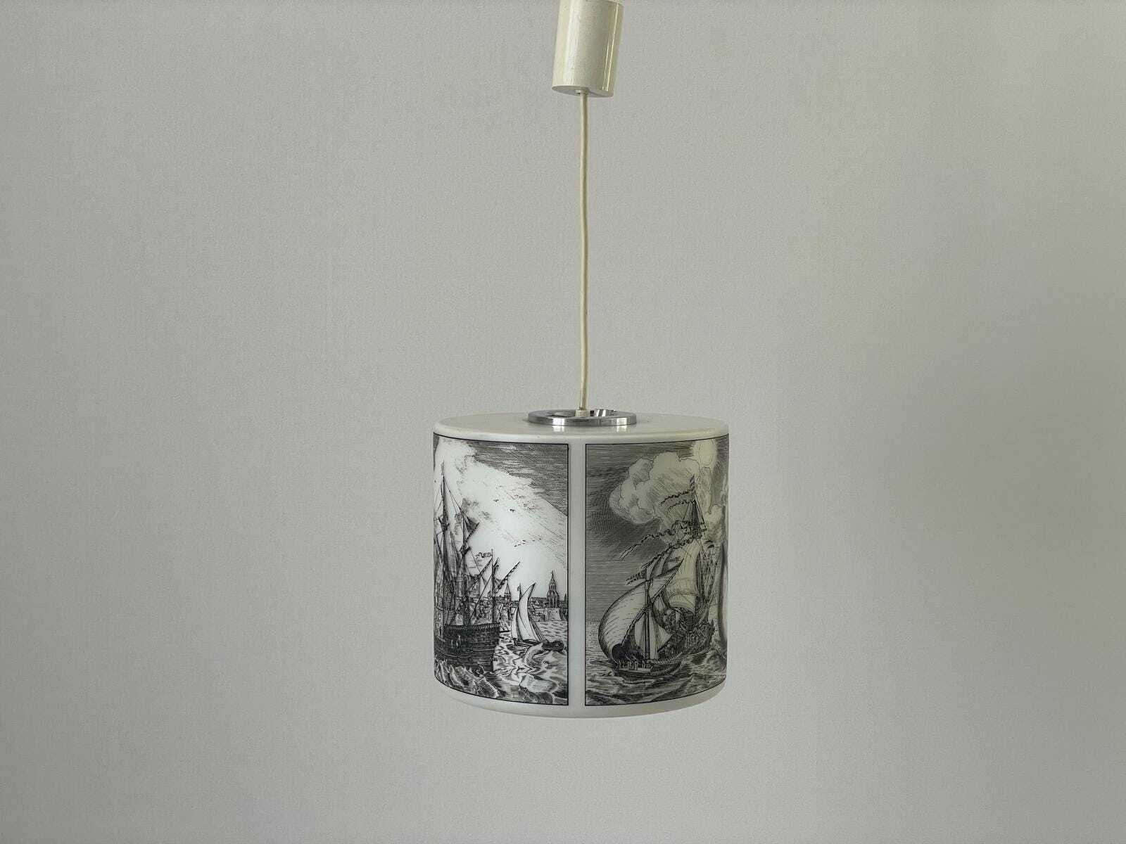 Naval Battle Printed Cylindrical White Glass Ceiling Lamp By Limburg, 1970s, Germany