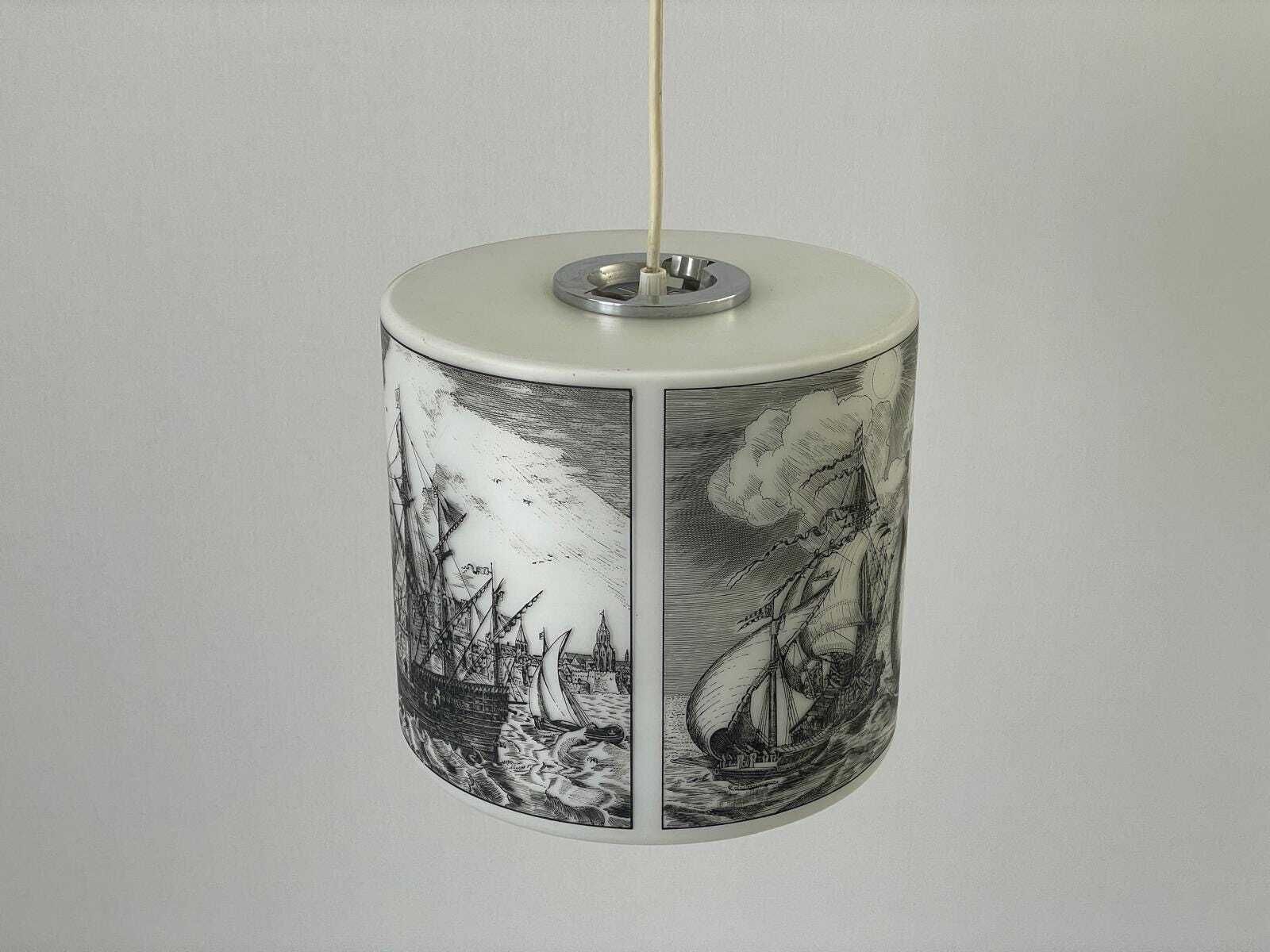 Naval Battle Printed Cylindrical White Glass Ceiling Lamp By Limburg, 1970s, Germany photo vinterior