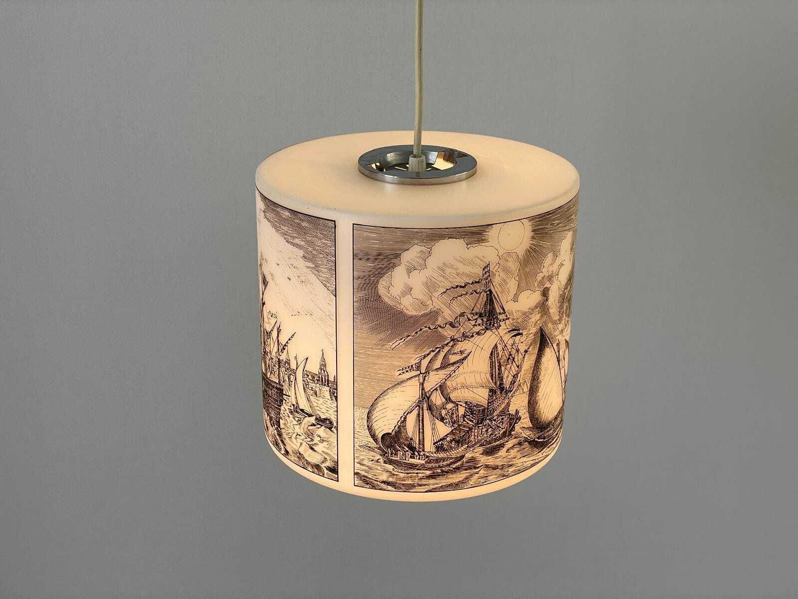 Naval Battle Printed Cylindrical White Glass Ceiling Lamp By Limburg, 1970s, Germany photo buy