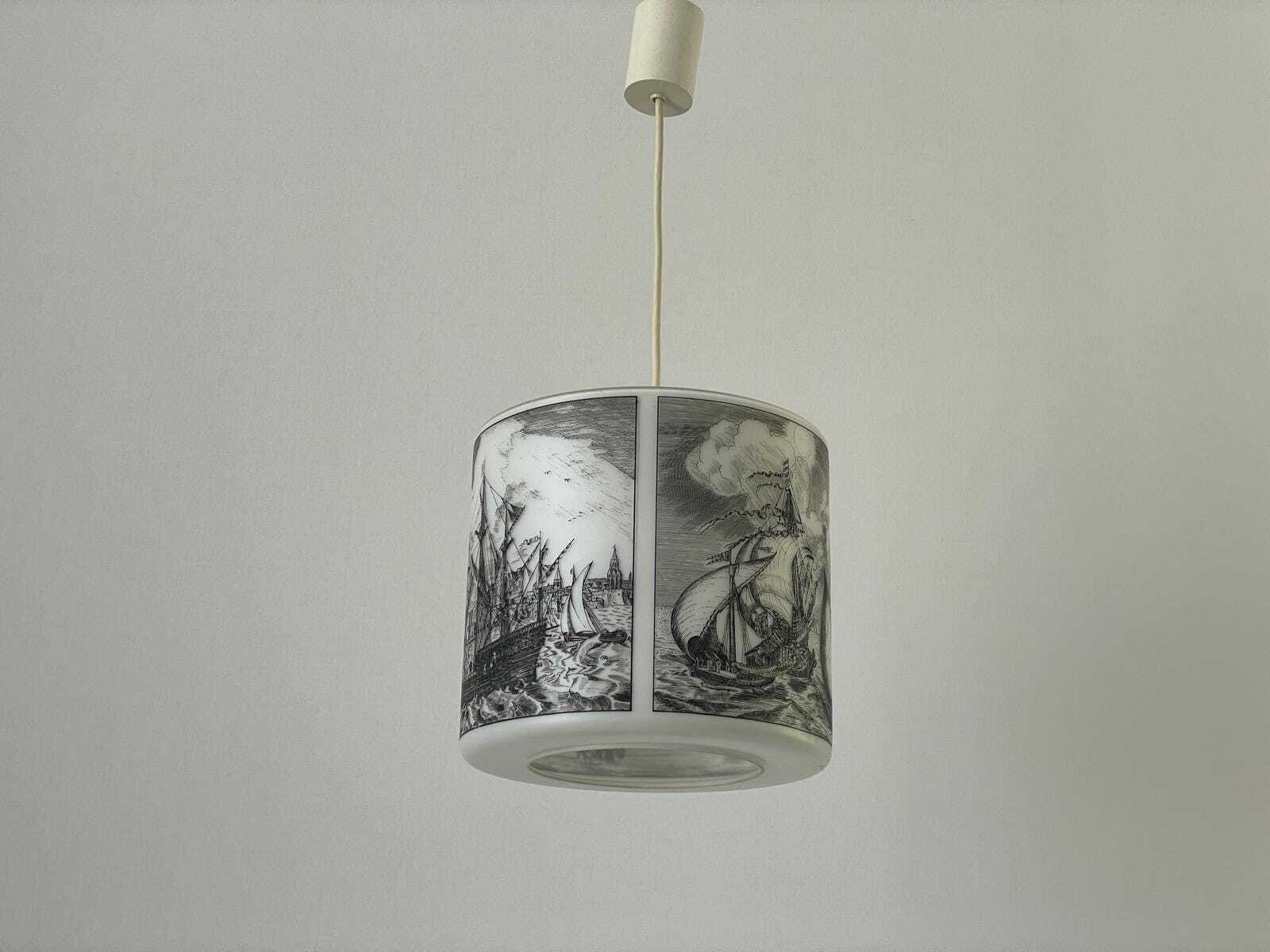 Naval Battle Printed Cylindrical White Glass Ceiling Lamp By Limburg, 1970s, Germany photo vintage