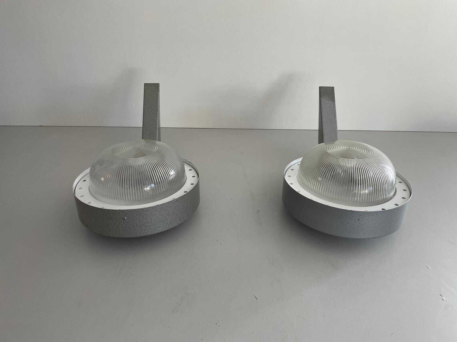 Italian Glass And Gray Metal Large Pair Of Industrial Outdoor Sconces, 1950s, Italy