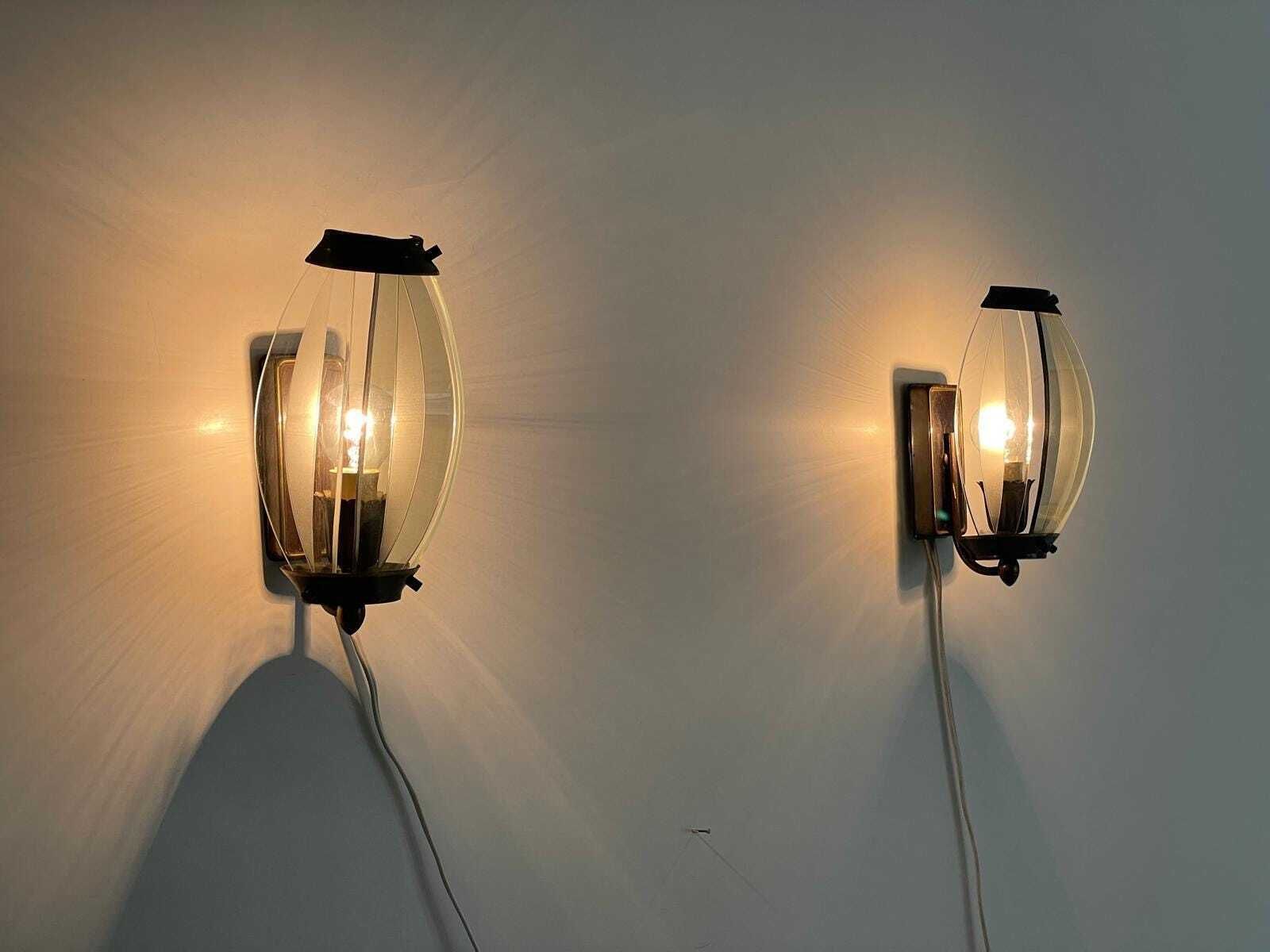 Italian Curved Glass And Metal Set Of 2 Sconces, 1950s, Italy photo furniture
