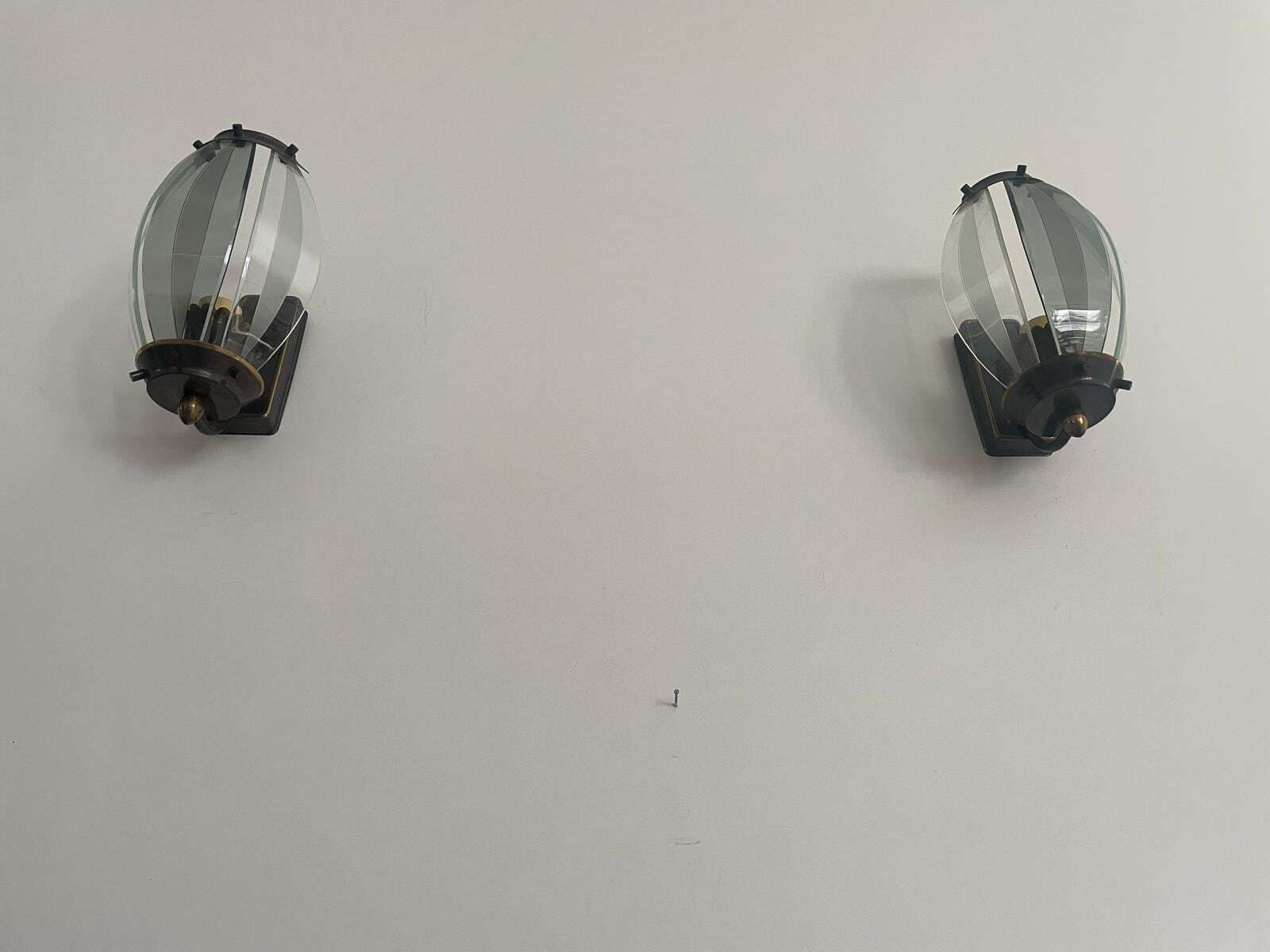 photo for sale Italian Curved Glass And Metal Set Of 2 Sconces, 1950s, Italy