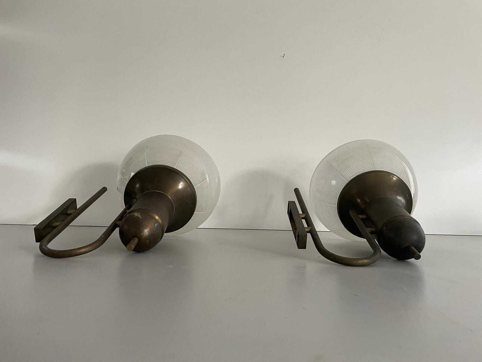 Italian Industrial Type Glass & Brass Large Pair Of Sconces, 1950s, Italy photo for sale