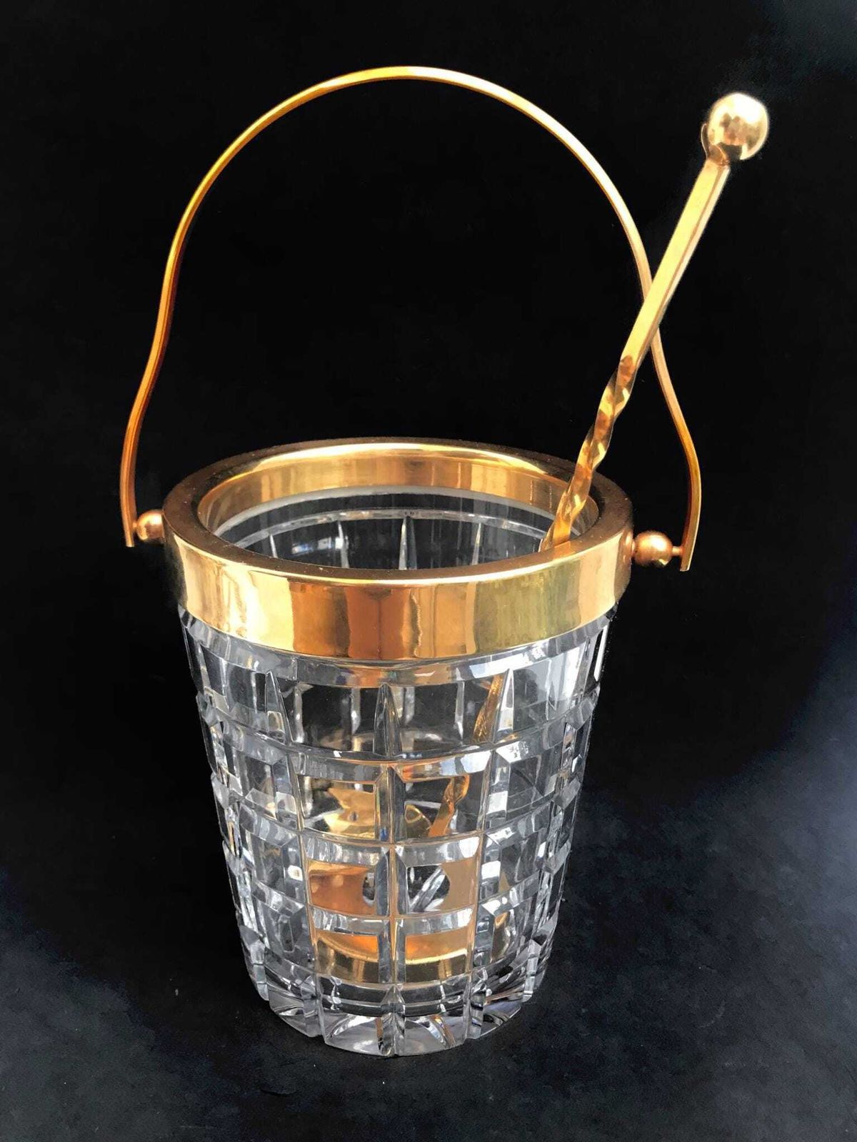 Ice Bucket Hand Cut Crystal French With Golden Metal Handle Mid Century Barware Mixology Tools Bar Cart Hollywood Regency Man Cave Gift photo 254.0