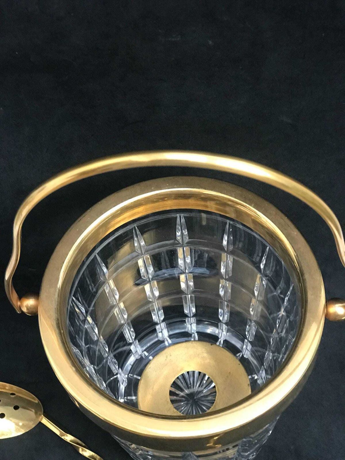 Ice Bucket Hand Cut Crystal French With Golden Metal Handle Mid Century Barware Mixology Tools Bar Cart Hollywood Regency Man Cave Gift photo vinterior