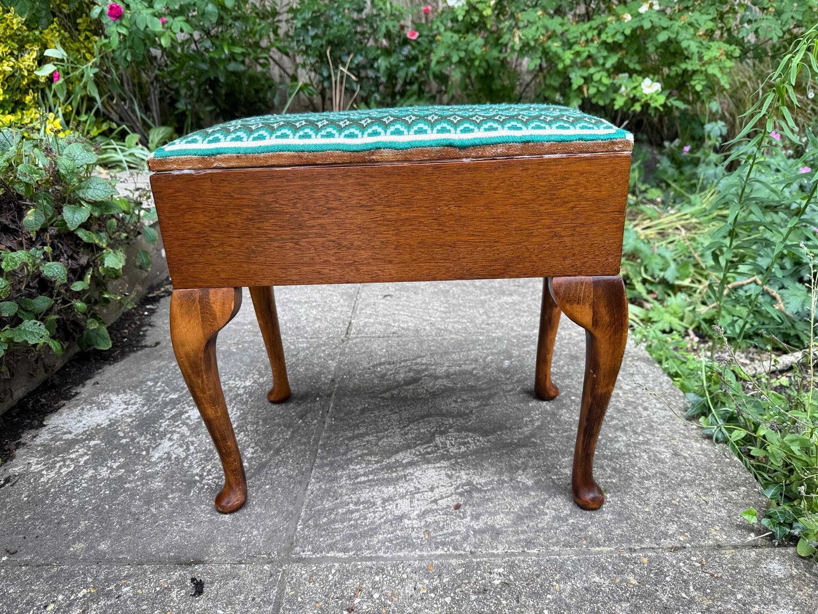 Vintage Retro Wooden Sewing Box Stool With Colourful Retro Needlepoint Top – Cabriole Legs & Internal Compartment   Sturdy Stool   1960s/70s photo Furniture