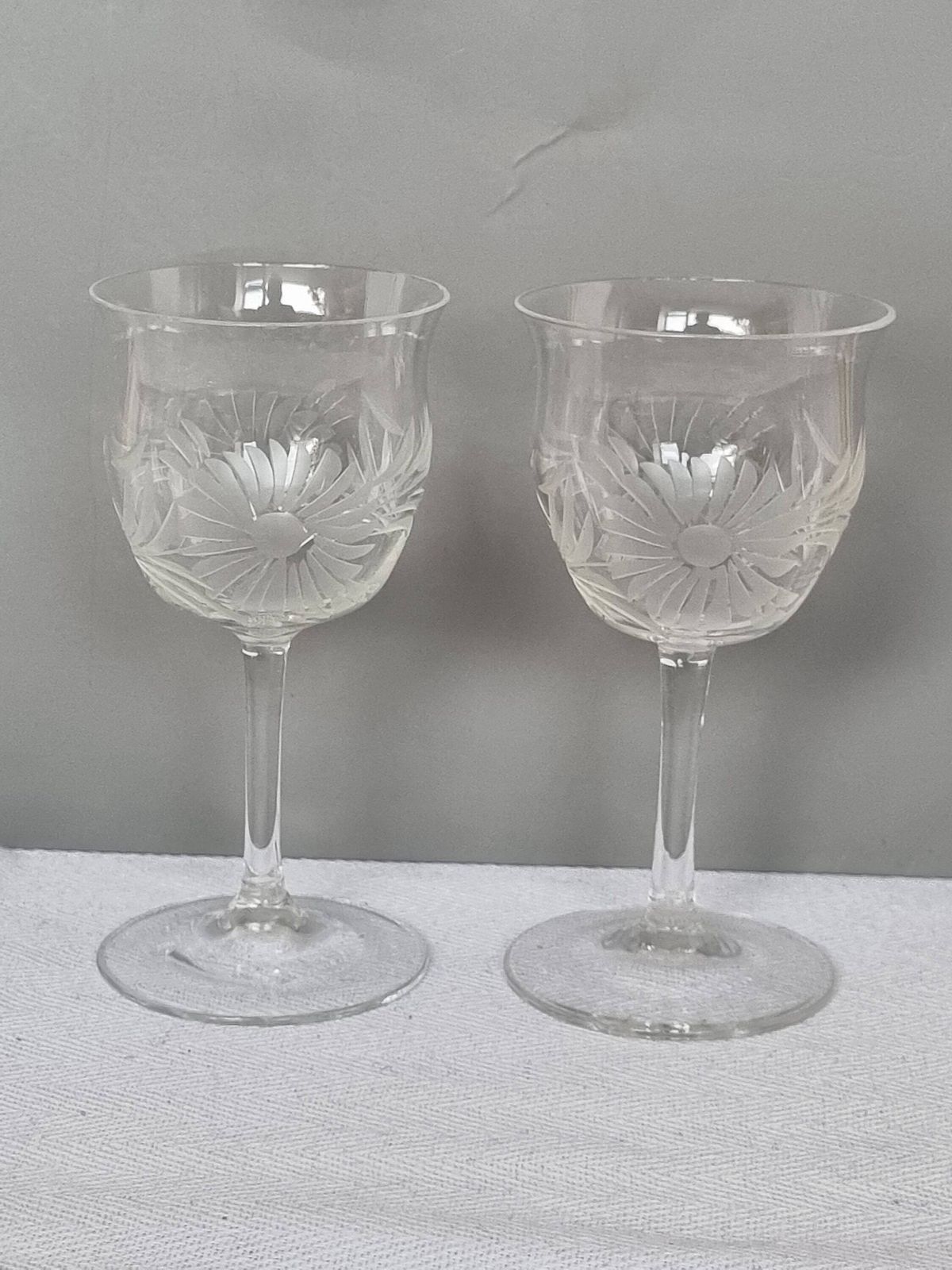 photo for sale Antique English Sherry Glasses | Hand Blown Etched Crystal Stemware Set Of 6 | Floral Design Port Wine Glasses | Victorian Glassware