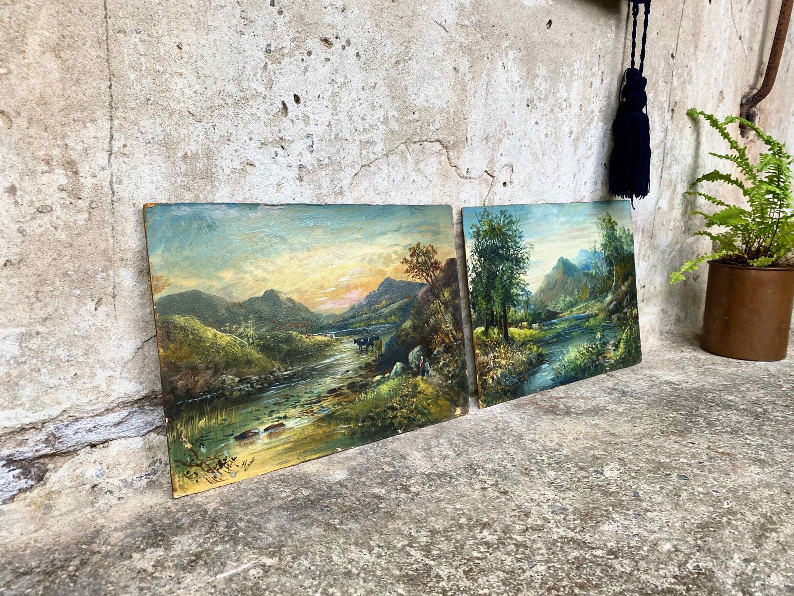 Pair Antique Oil Painting Landscapes On Board Signed