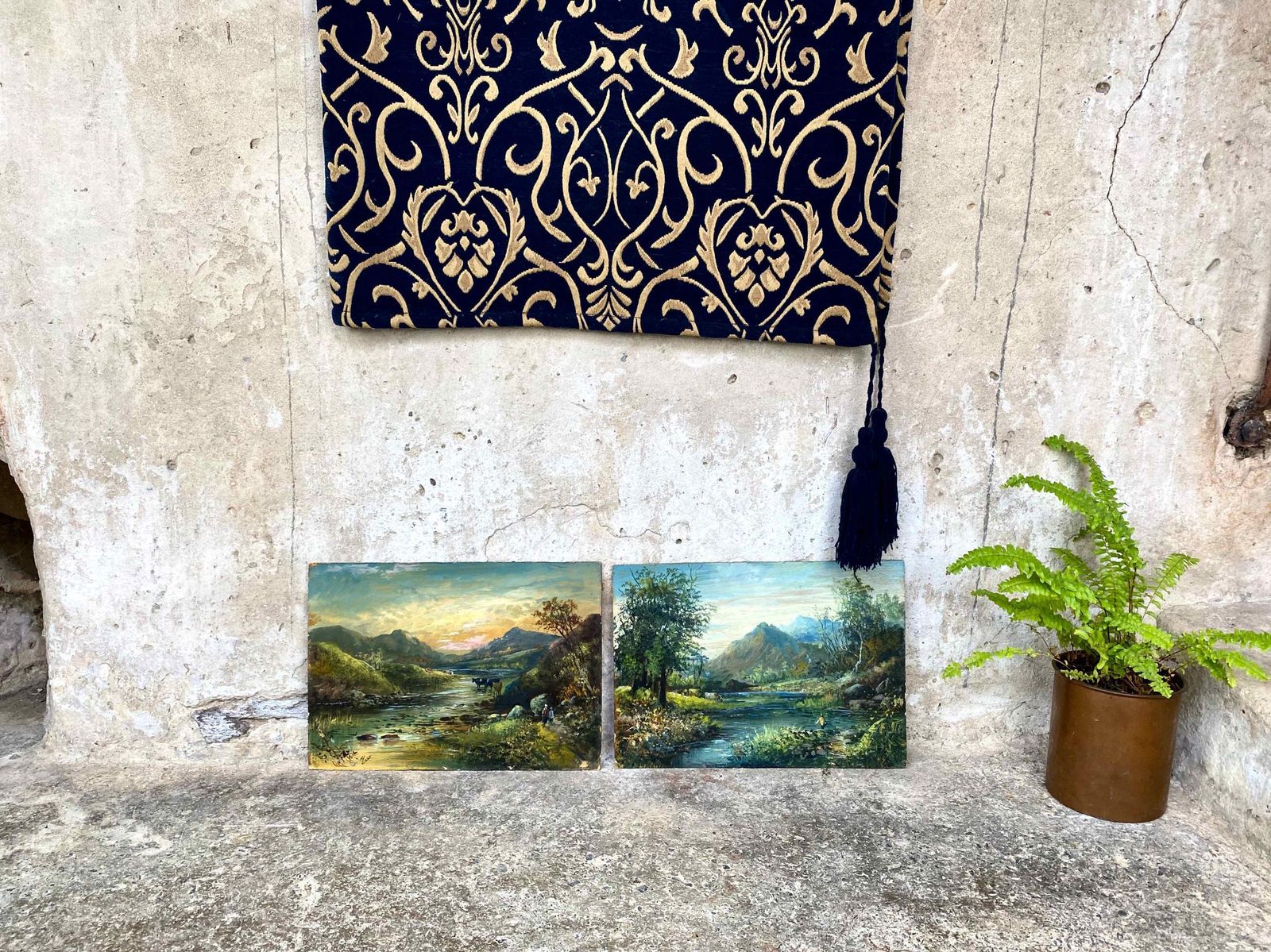 Pair Antique Oil Painting Landscapes On Board Signed photo furniture