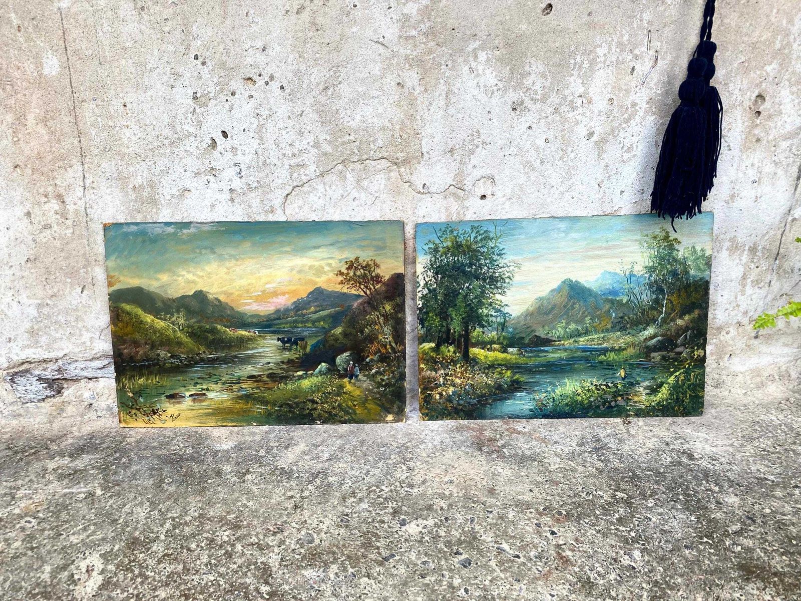 Pair Antique Oil Painting Landscapes On Board Signed photo for sale