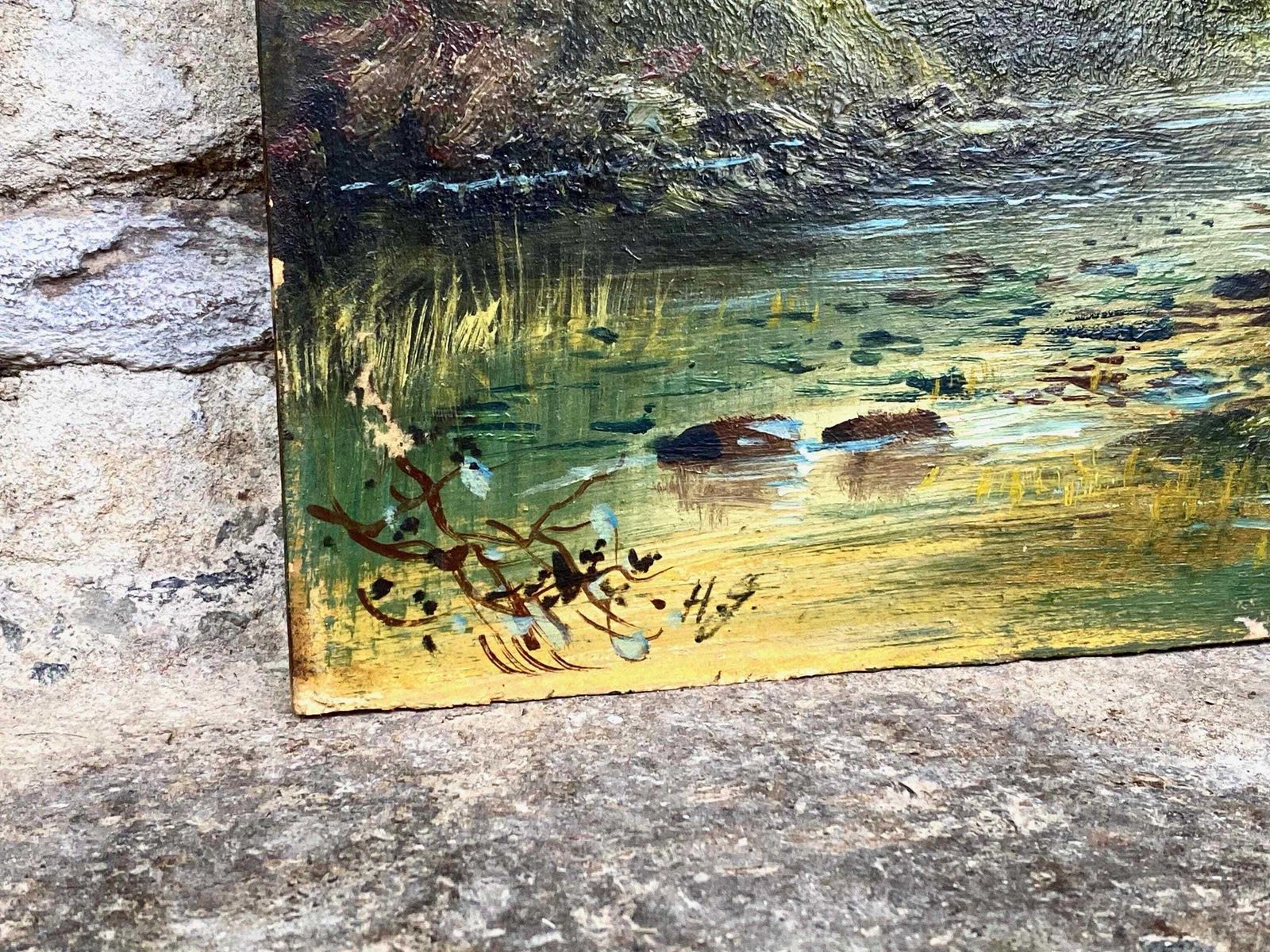Pair Antique Oil Painting Landscapes On Board Signed photo Art