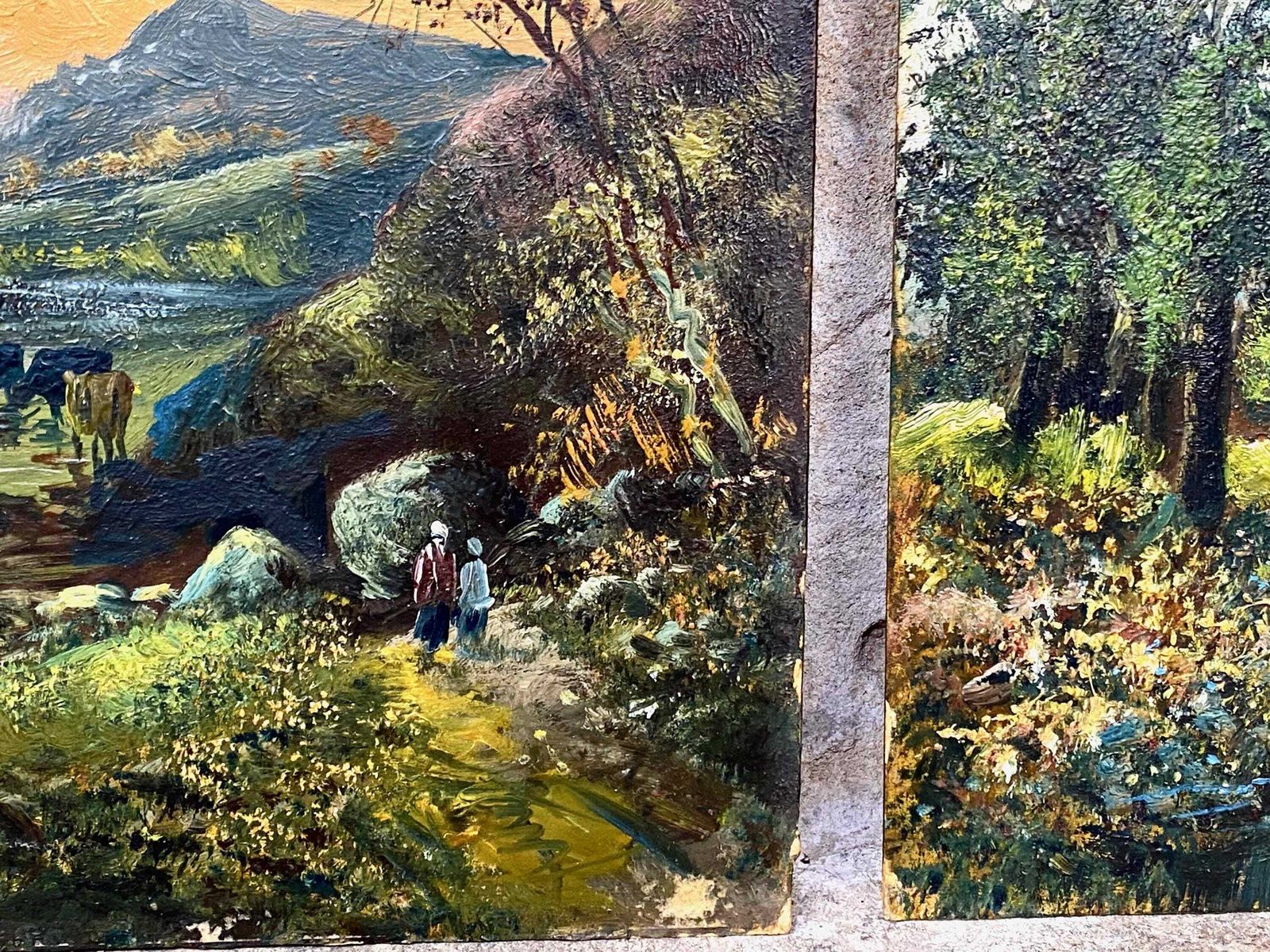 Pair Antique Oil Painting Landscapes On Board Signed photo vintage