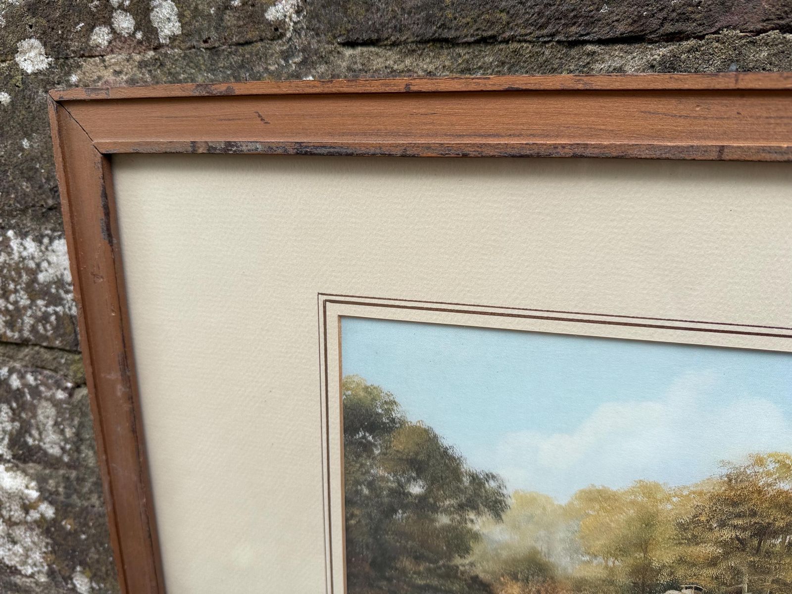 Vintage Douglas E. West Cottage Scene Print In Excellent Vintage Frame – English Countryside Landscape, Thatched Cottages, Rustic Wall Art photo vintage
